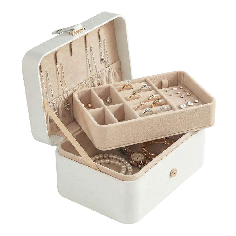Portable Jewelry Box - 2 Layer - Velvet Lined - Necklace Hooks