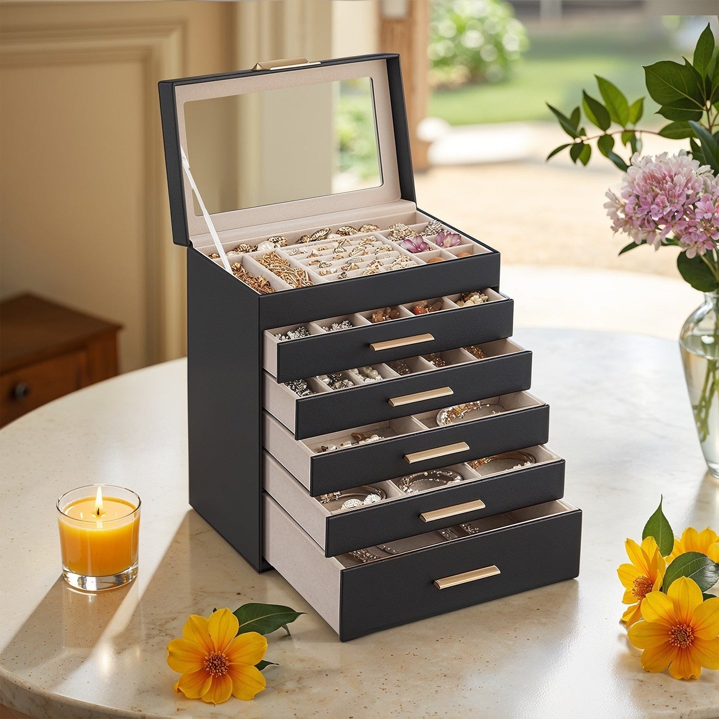 Jewellery Box - Glass - Cloud White and Gold - 6-Layer Organizer with 5 Drawers
