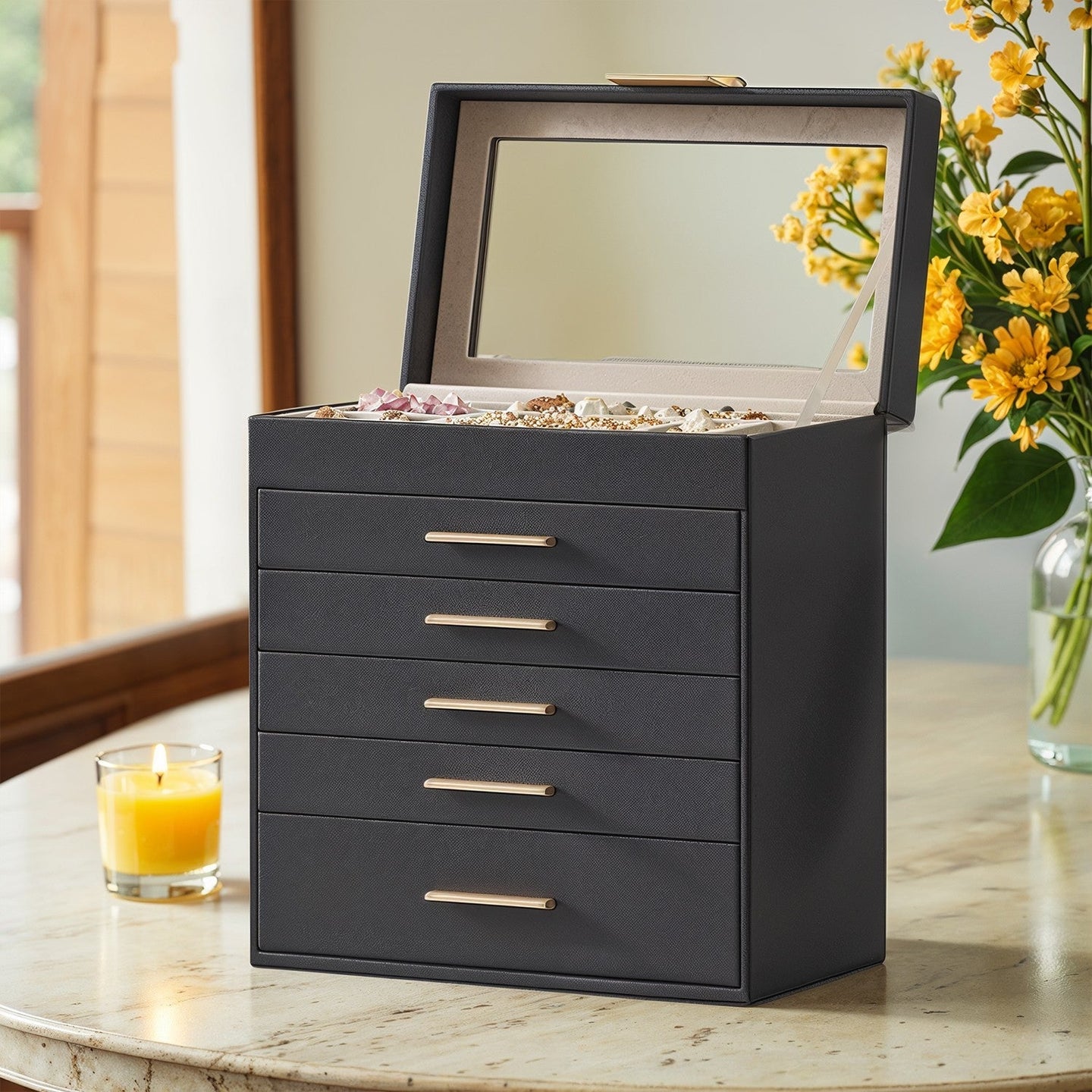 Jewellery Box - Glass - Cloud White and Gold - 6-Layer Organizer with 5 Drawers