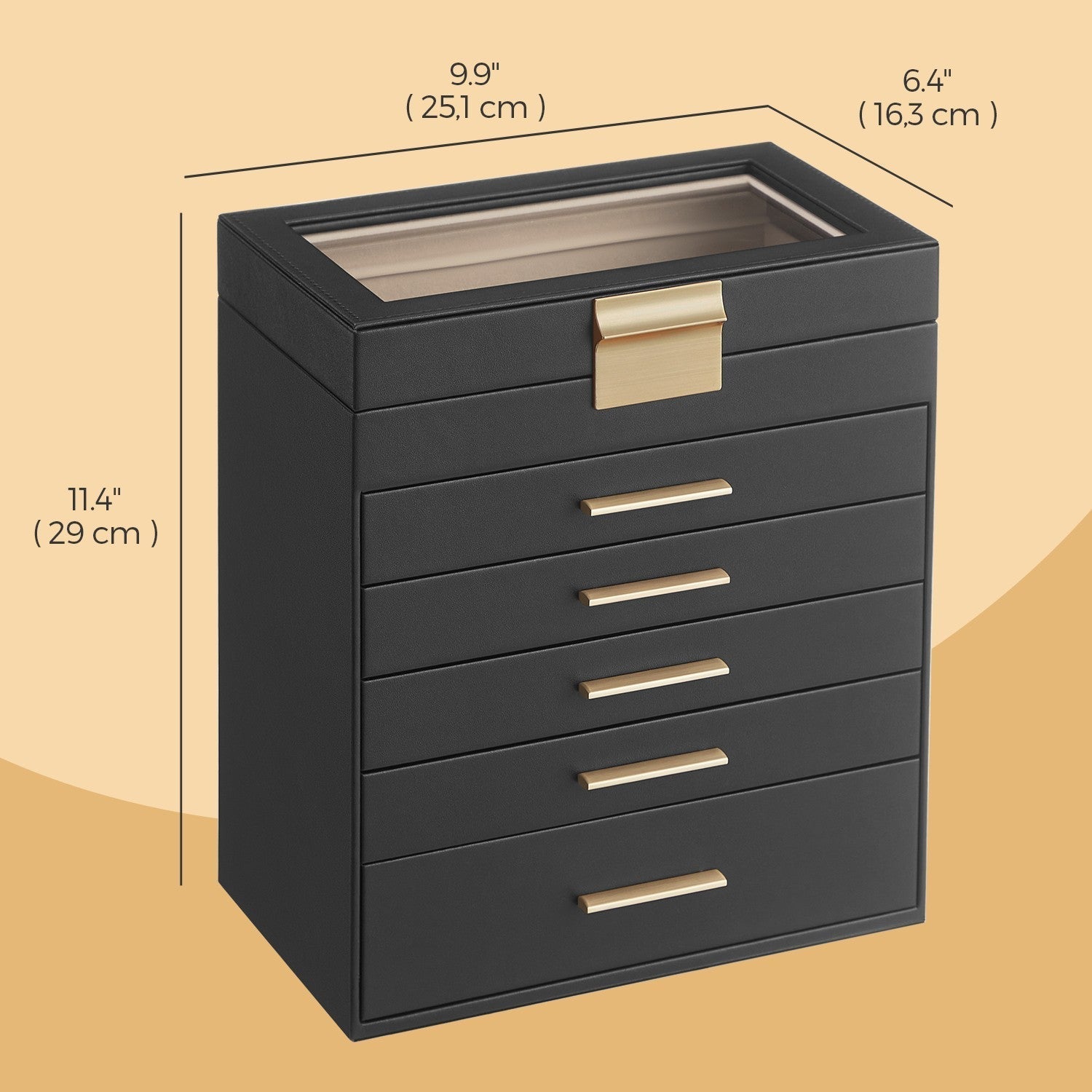 Jewellery Box - Glass - Cloud White and Gold - 6-Layer Organizer with 5 Drawers