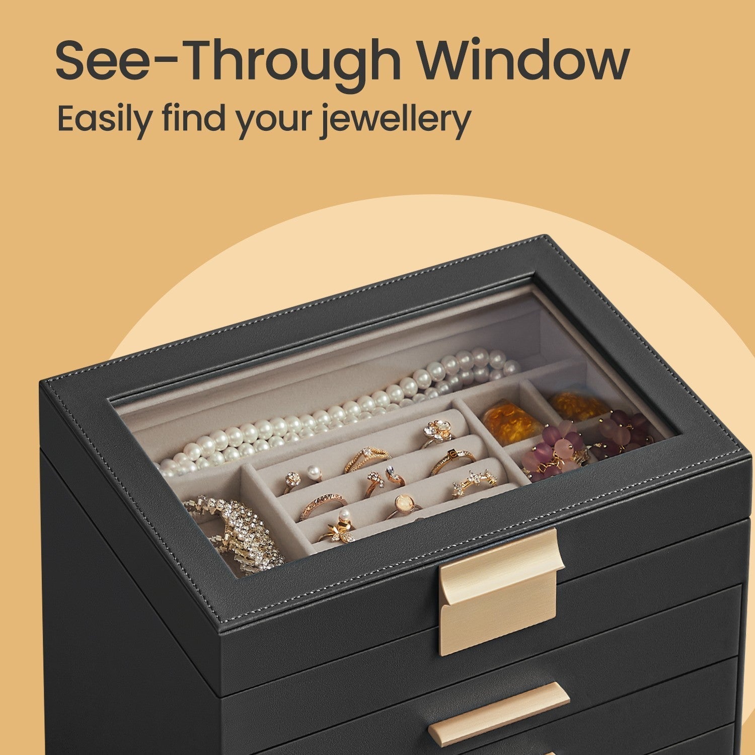 Jewellery Box - Glass - Cloud White and Gold - 6-Layer Organizer with 5 Drawers