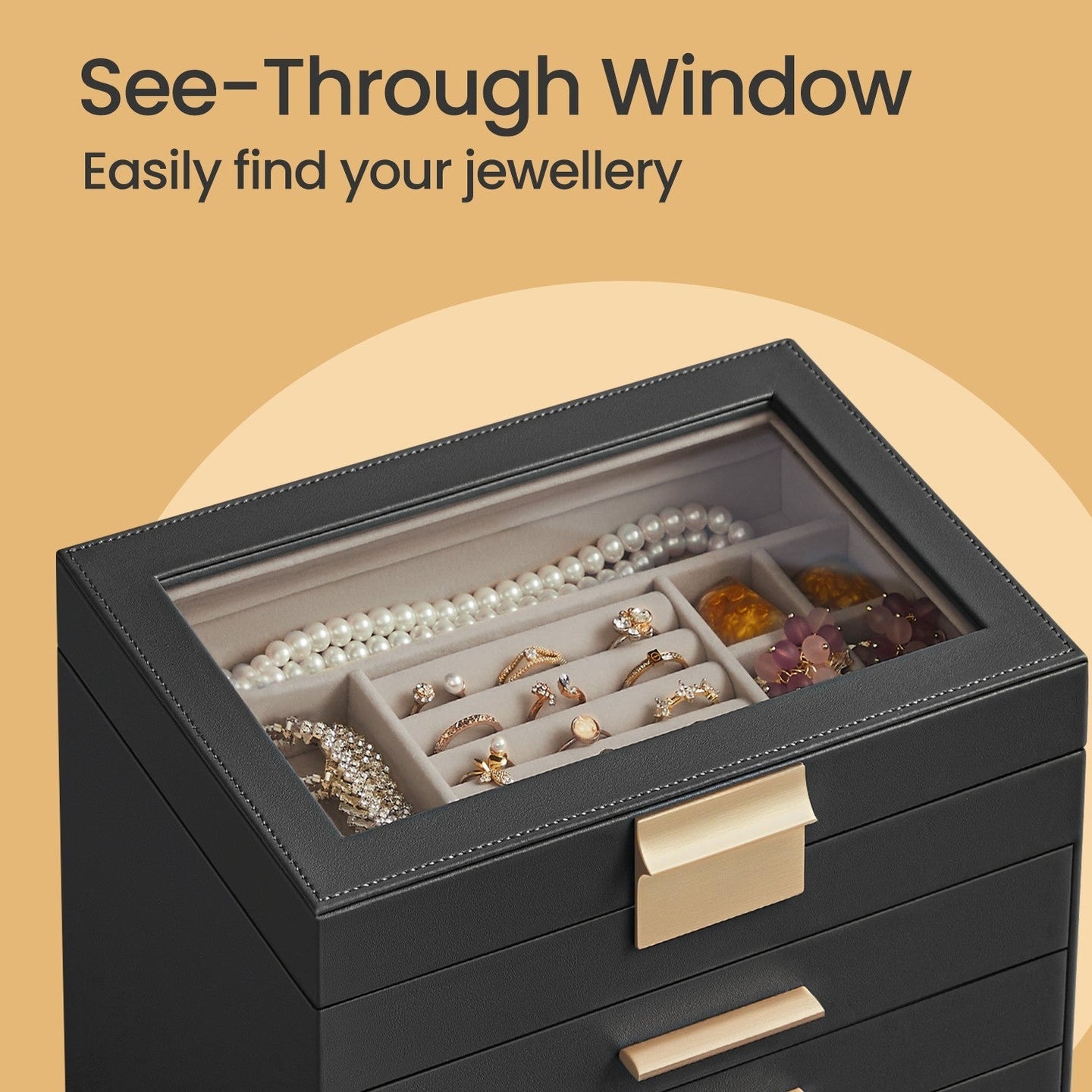 Jewellery Box - Glass - Cloud White and Gold - 6-Layer Organizer with 5 Drawers