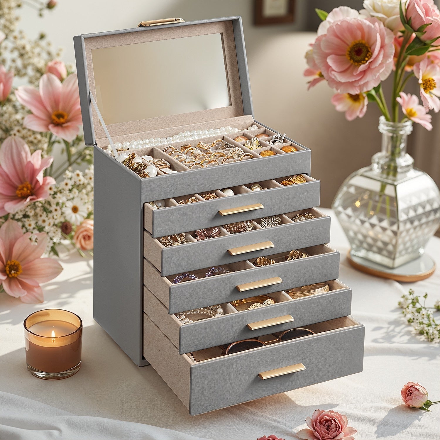 Jewellery Box - Glass - Cloud White and Gold - 6-Layer Organizer with 5 Drawers