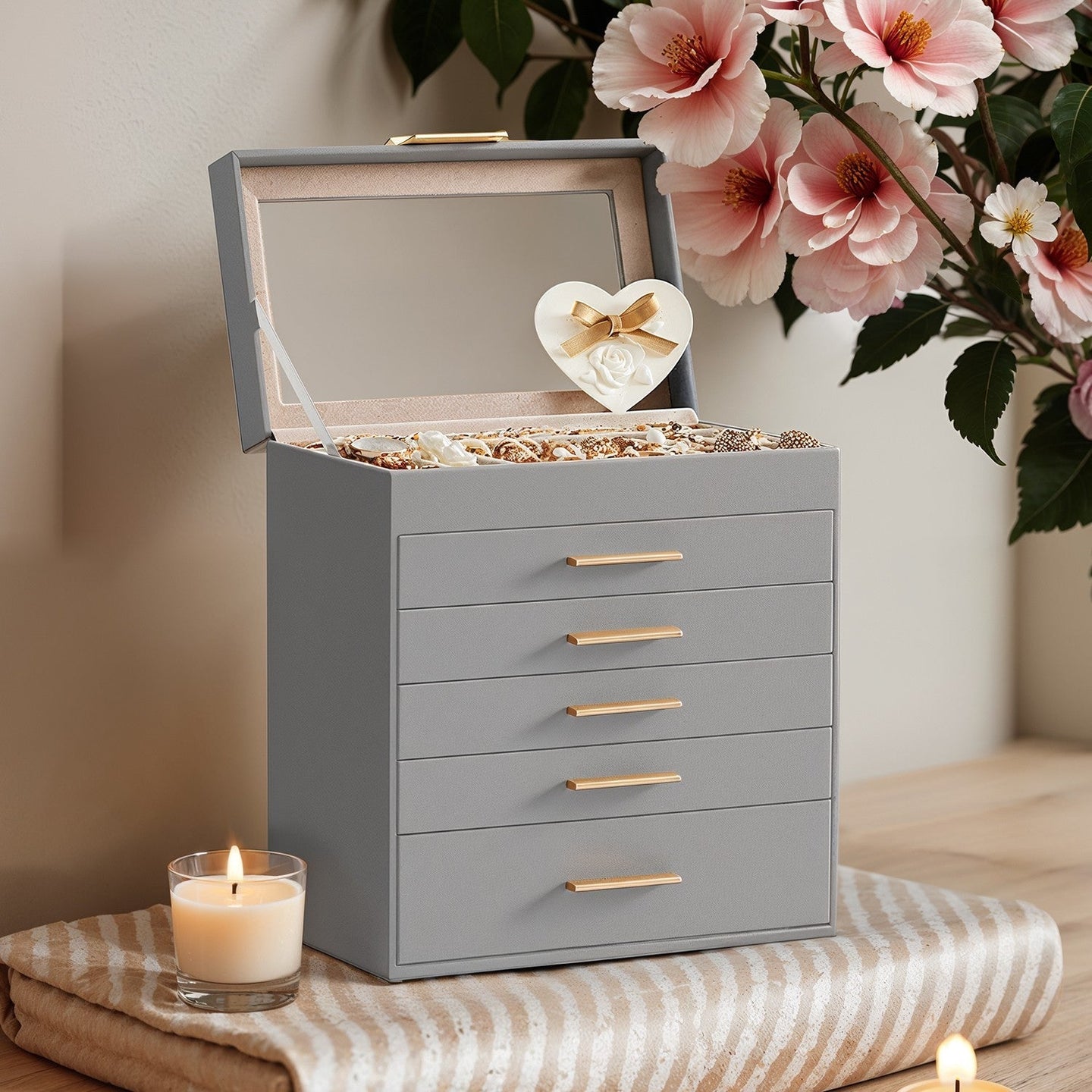 Jewellery Box - Glass - Cloud White and Gold - 6-Layer Organizer with 5 Drawers