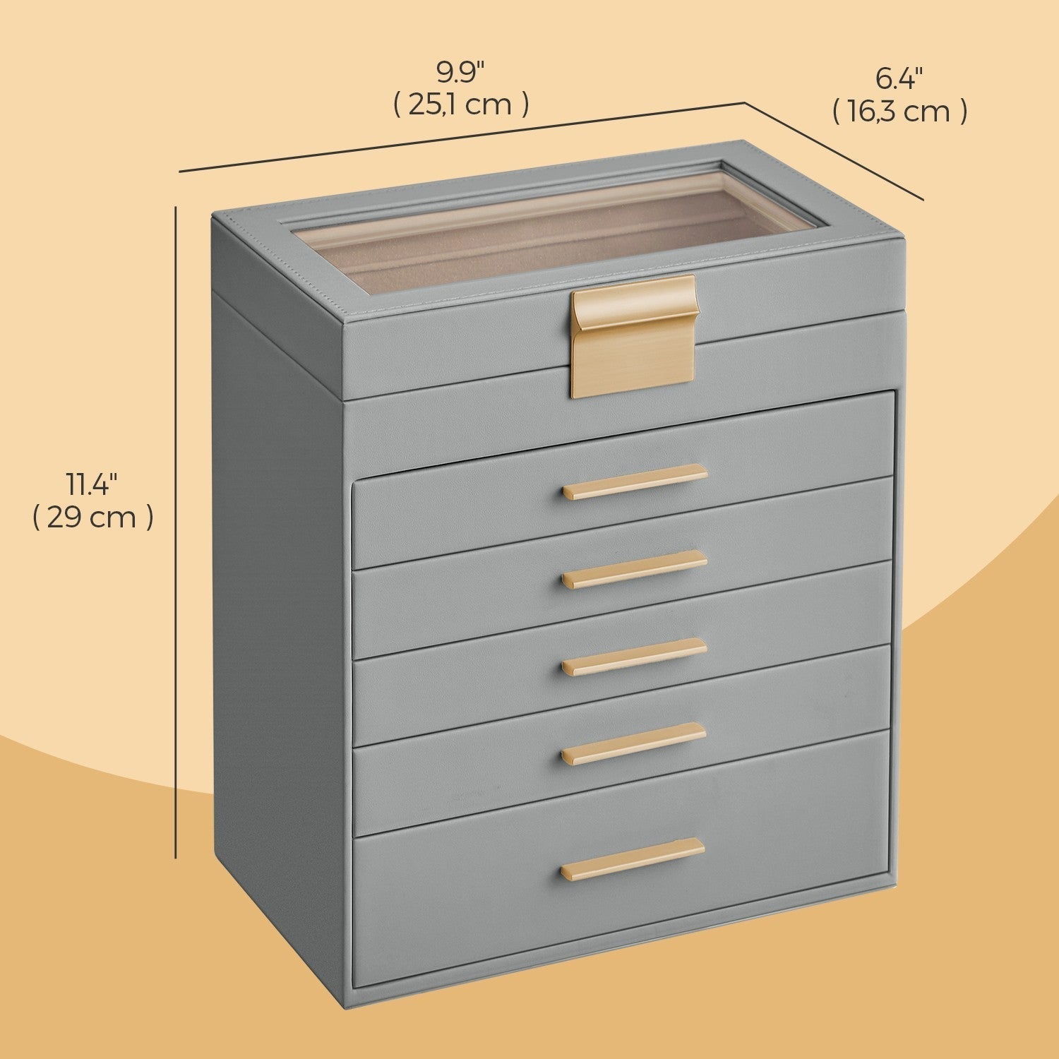 Jewellery Box - Glass - Cloud White and Gold - 6-Layer Organizer with 5 Drawers