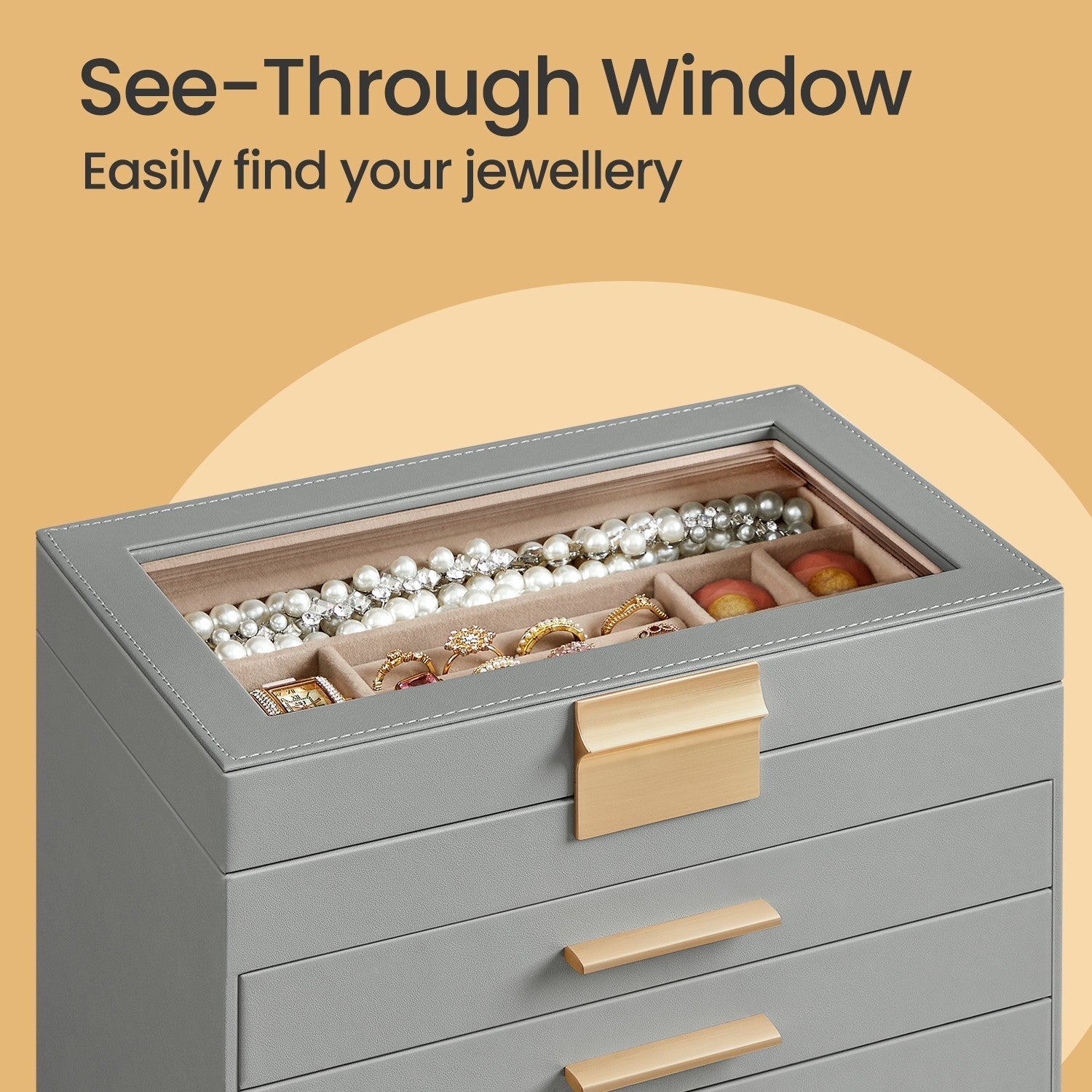Jewellery Box - Glass - Cloud White and Gold - 6-Layer Organizer with 5 Drawers