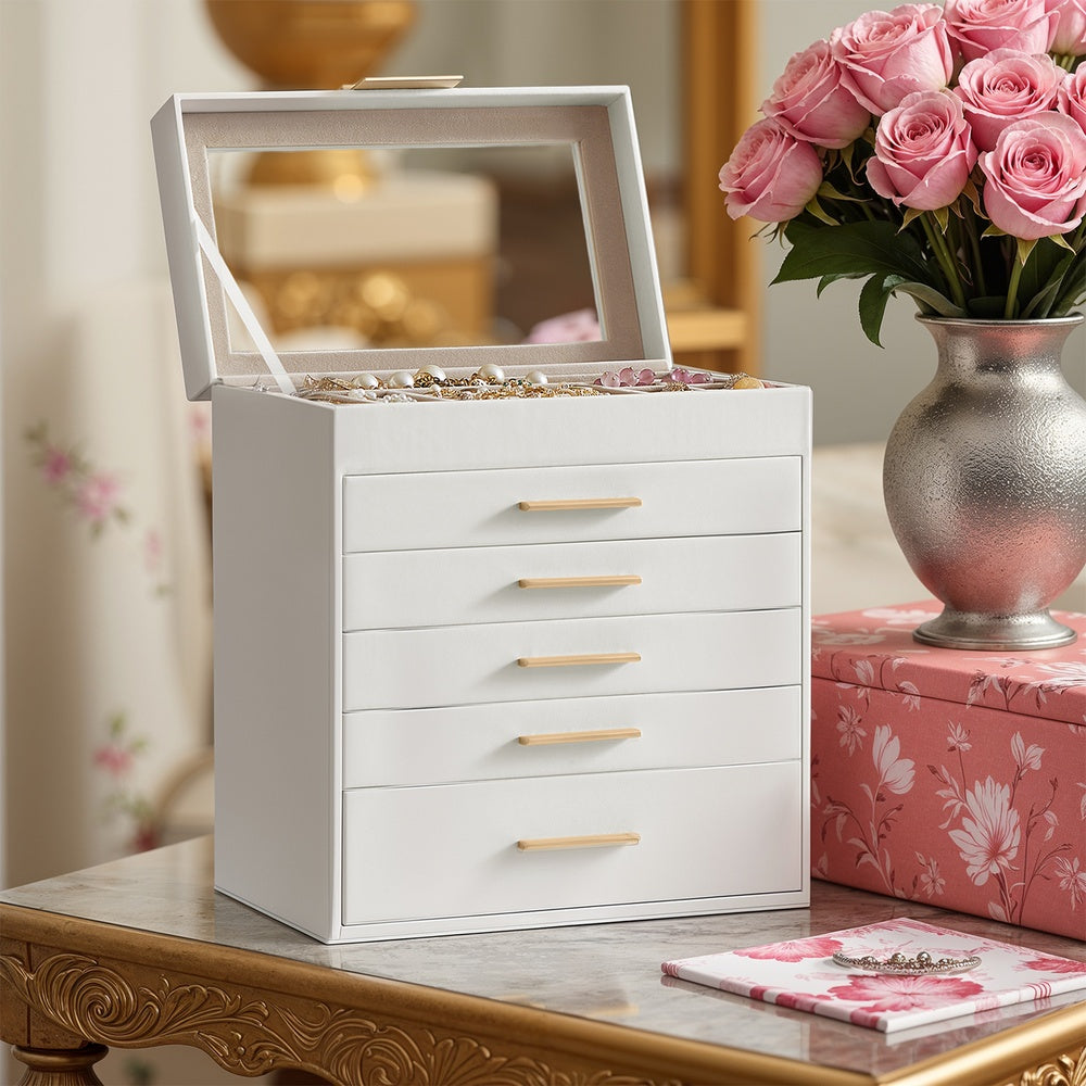 Jewellery Box - MDF and PU - White - with Glass Lid