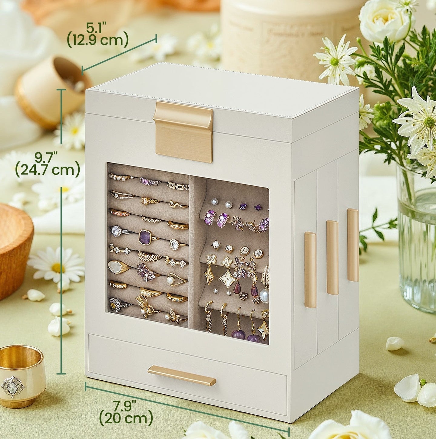 Jewellery Box - Glass - Cloud White - 5-Layer Organiser with 3 Side Drawers and Big Mirror