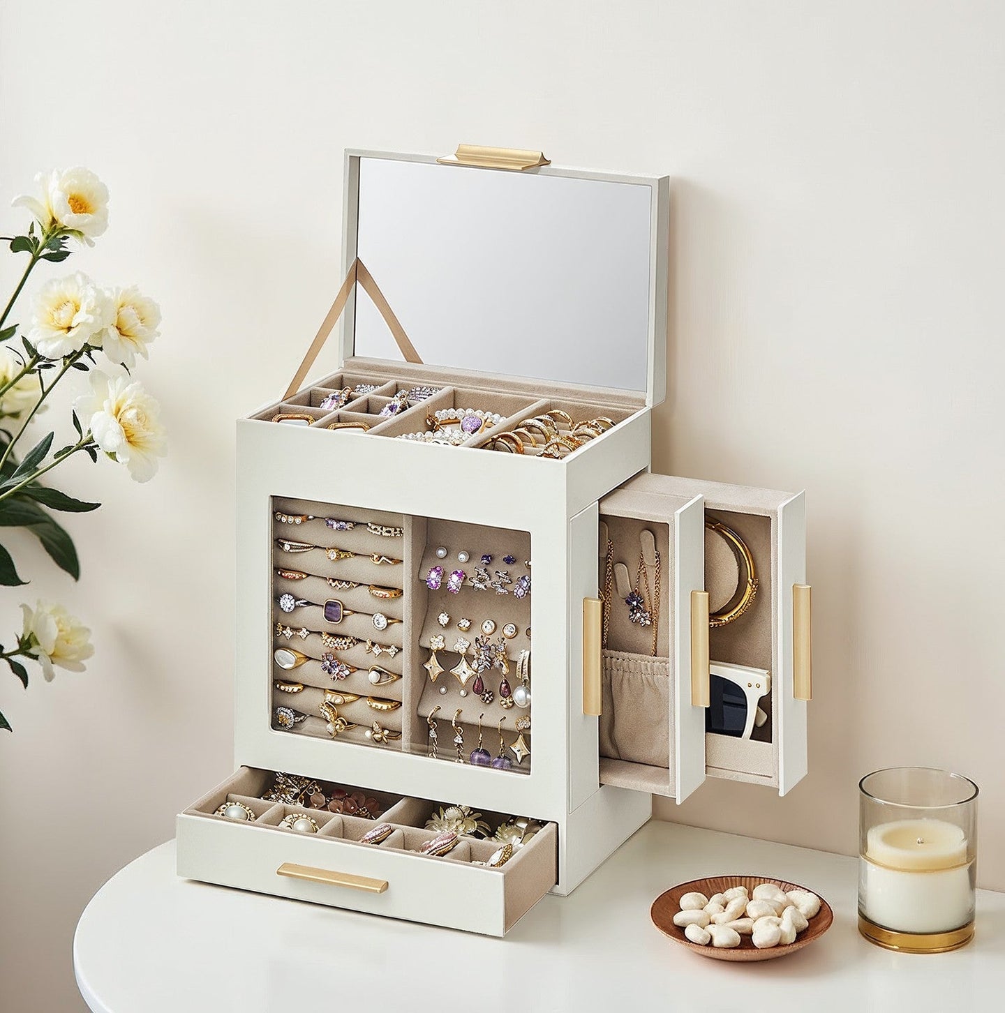 Jewellery Box - Glass - Cloud White - 5-Layer Organiser with 3 Side Drawers and Big Mirror