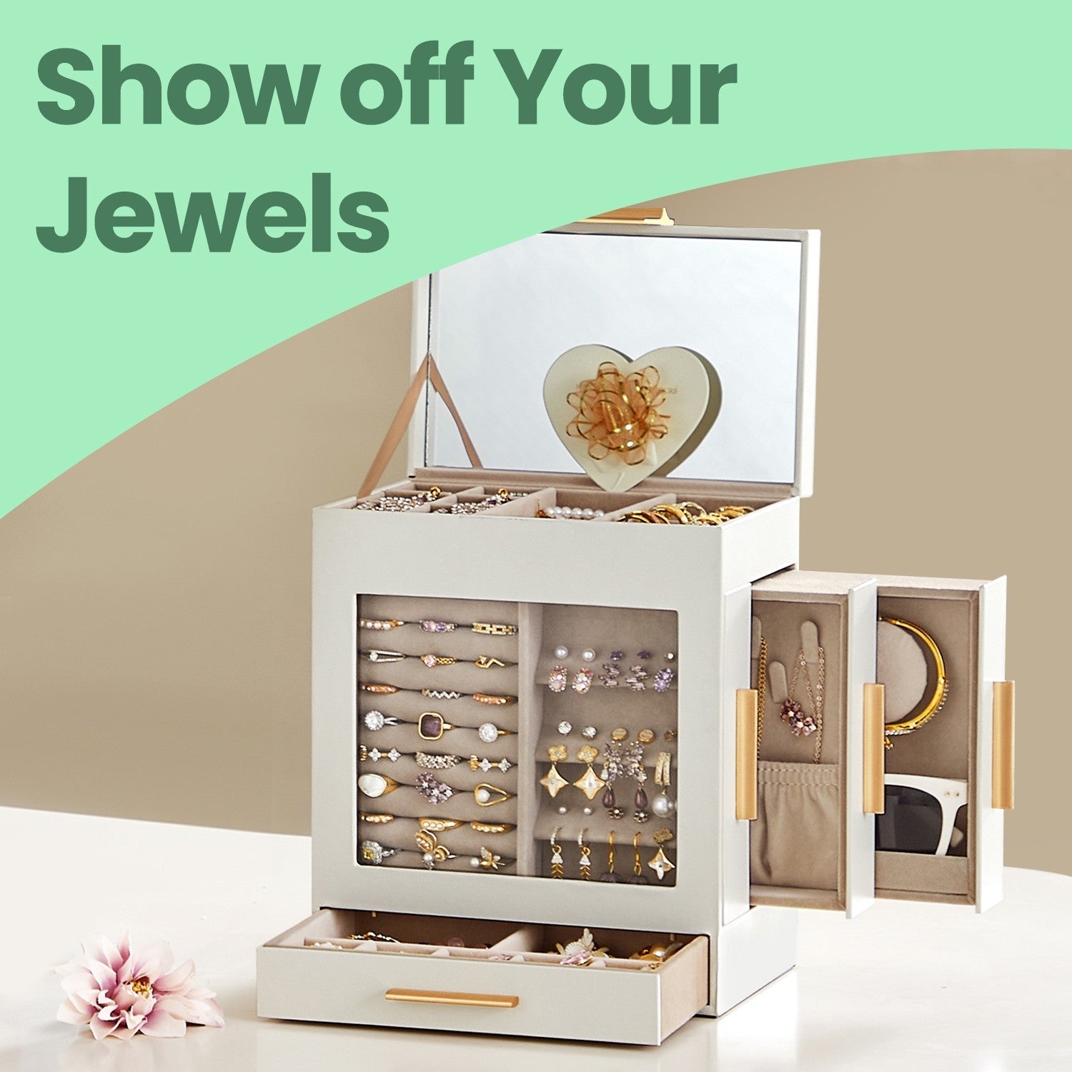 Jewellery Box - Glass - Cloud White - 5-Layer Organiser with 3 Side Drawers and Big Mirror