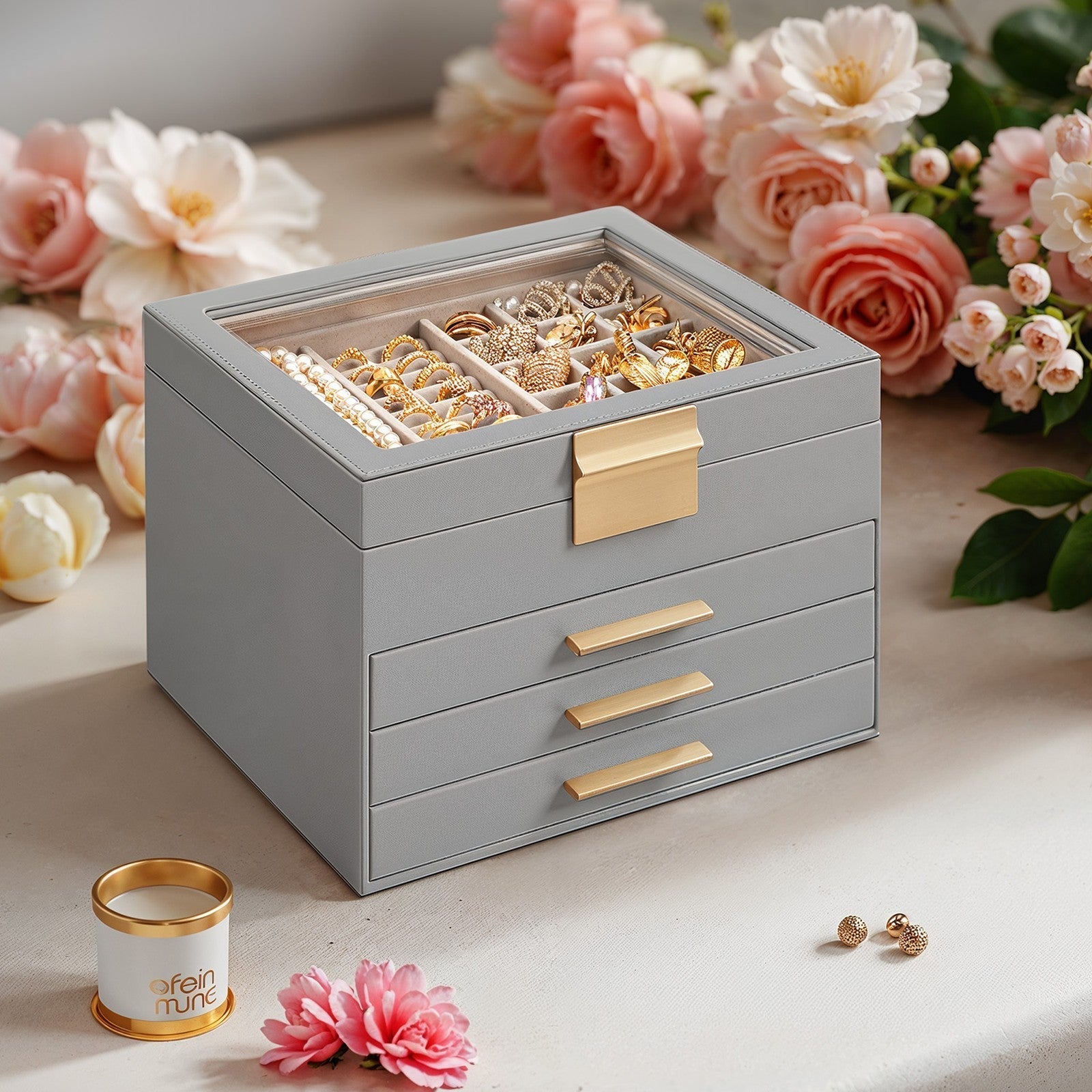 Jewellery Box - Glass - Cloud White and Gold - 3-Layer Organizer with 2 Drawers