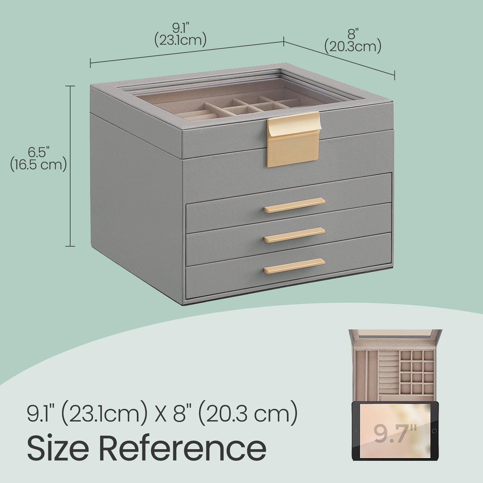 Jewellery Box - Glass - Cloud White and Gold - 3-Layer Organizer with 2 Drawers