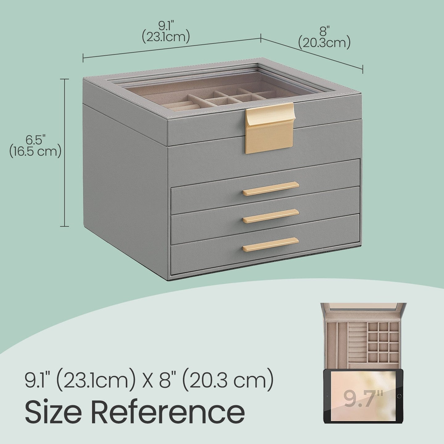 Jewellery Box - Glass - Cloud White and Gold - 3-Layer Organizer with 2 Drawers