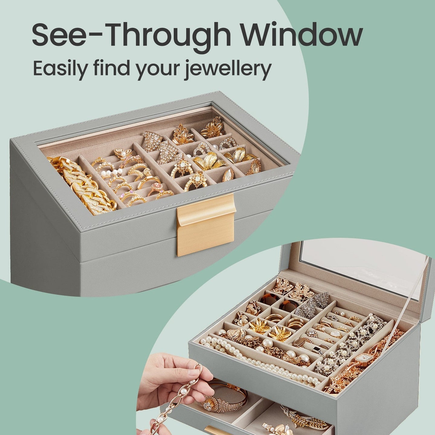Jewellery Box - Glass - Cloud White and Gold - 3-Layer Organizer with 2 Drawers
