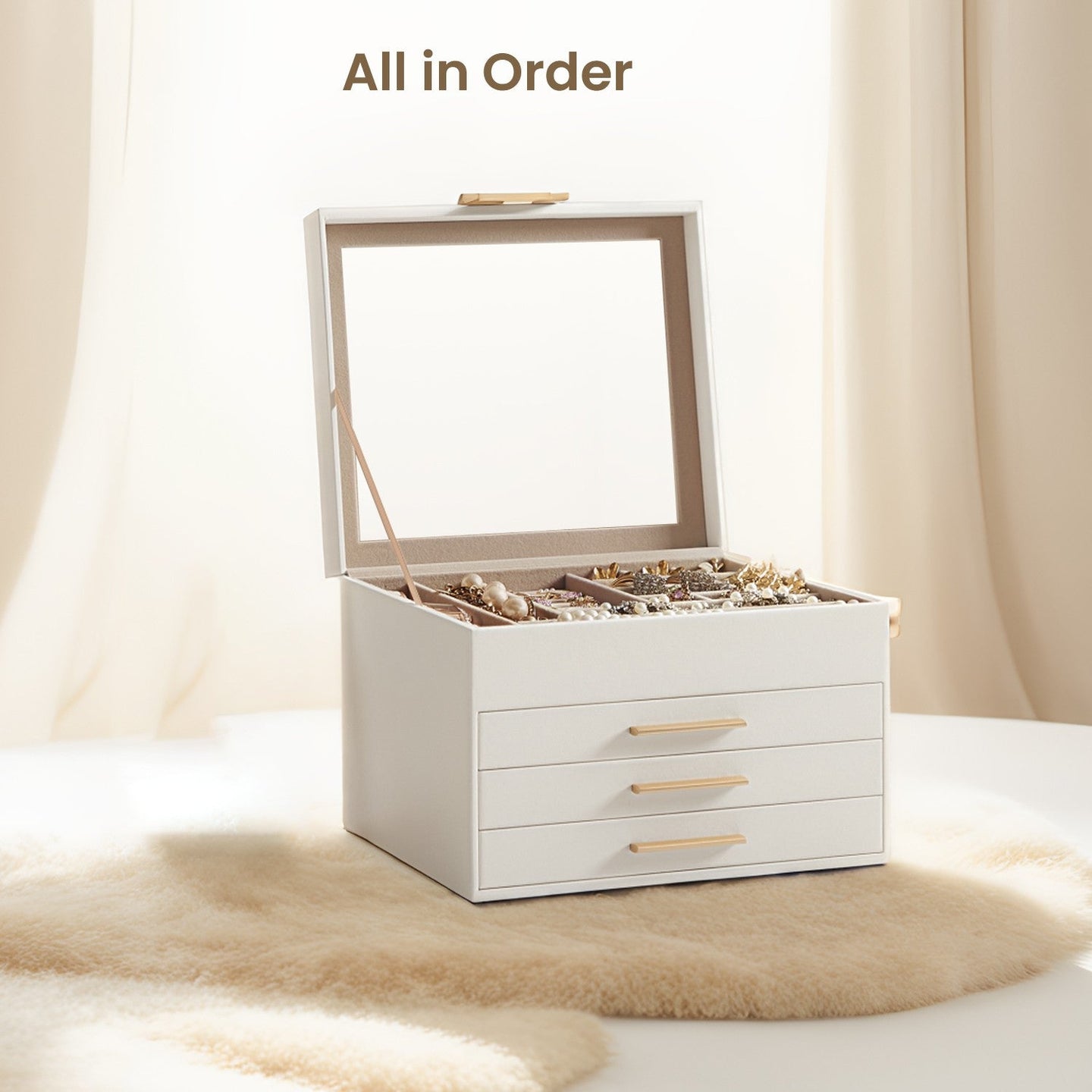 Jewellery Box - Glass - Cloud White and Gold - 4-Layer Organiser with 3 Drawers