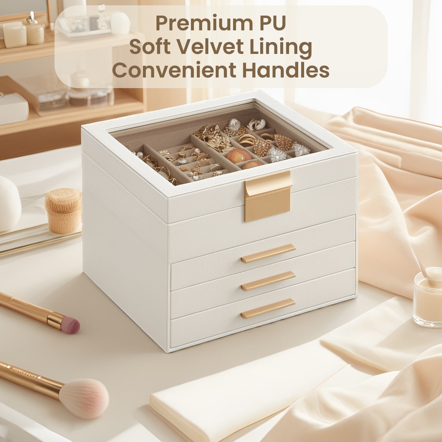 Jewellery Box - Glass - Cloud White and Gold - 4-Layer Organiser with 3 Drawers