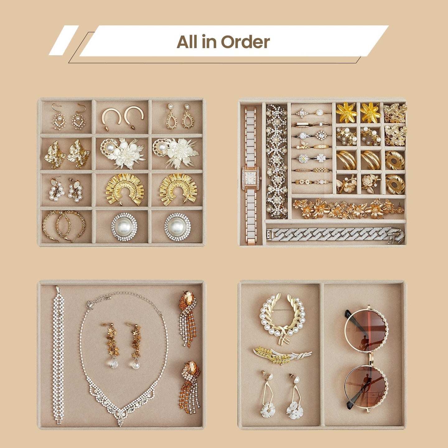 Jewellery Box - Glass - Cloud White and Gold - 4-Layer Organiser with 3 Drawers