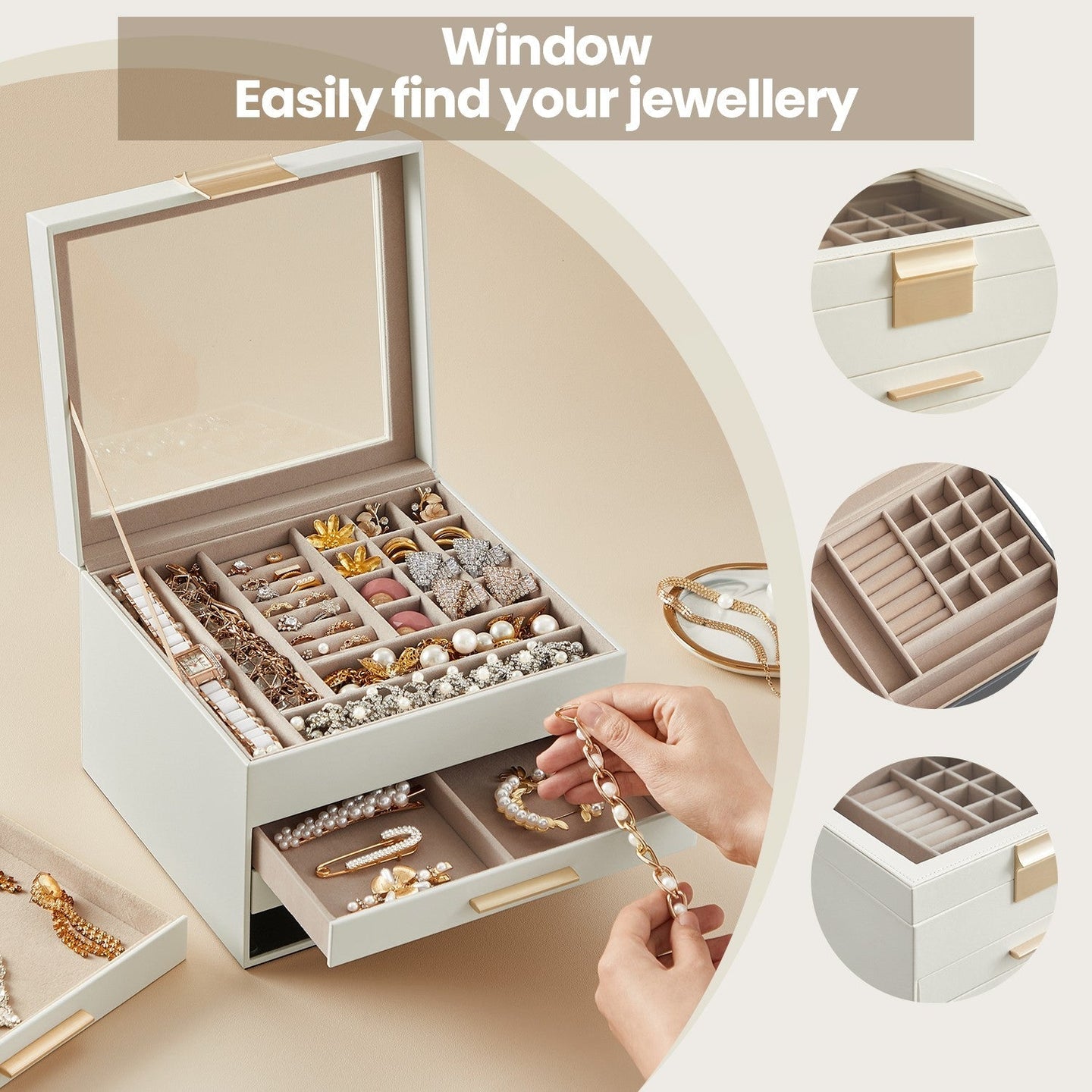 Jewellery Box - Glass - Cloud White and Gold - 4-Layer Organiser with 3 Drawers