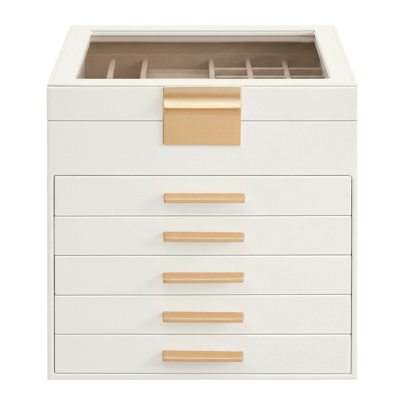 Jewellery Organiser - MDF and PU - White - with Glass Lid