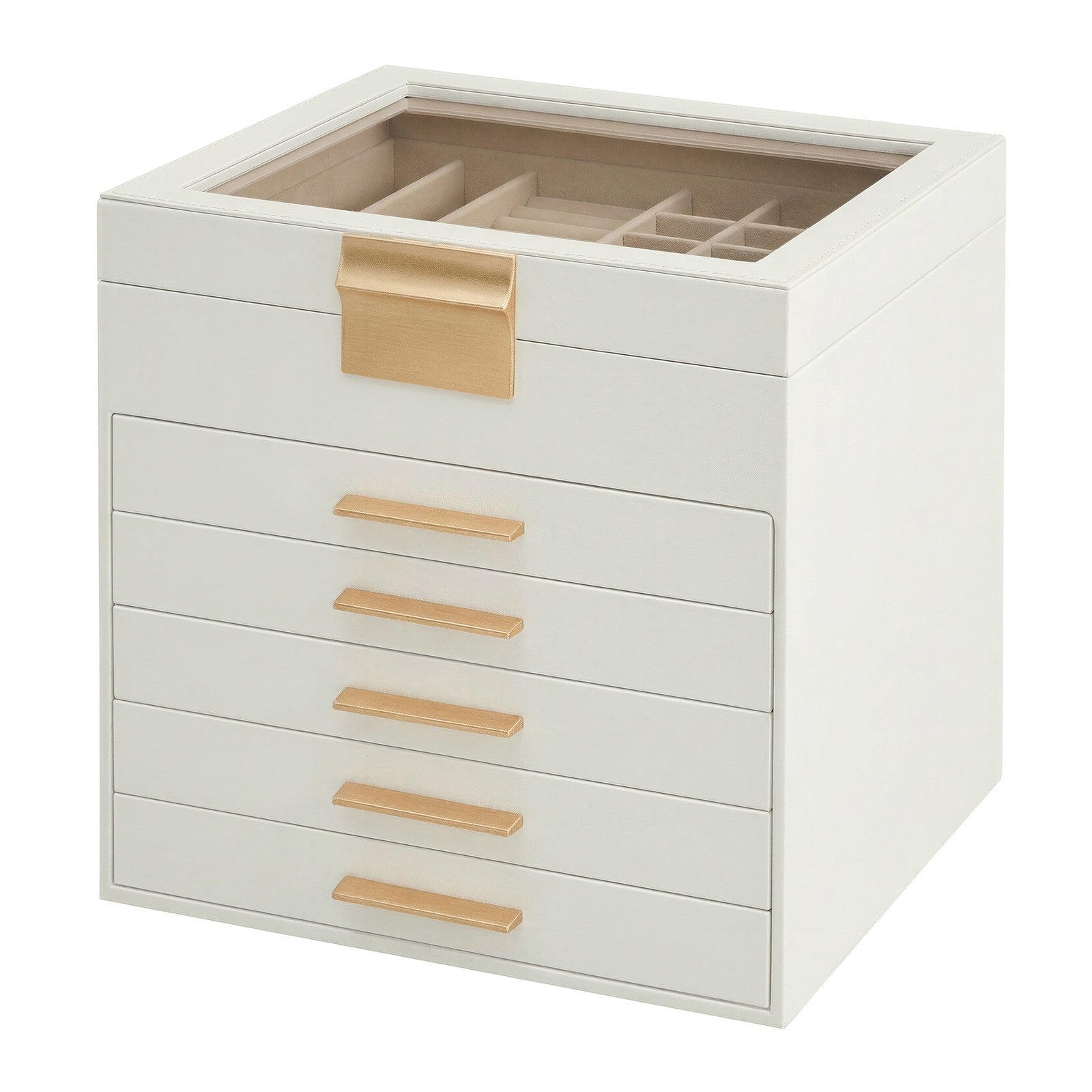Jewellery Organiser - MDF and PU - White - with Glass Lid