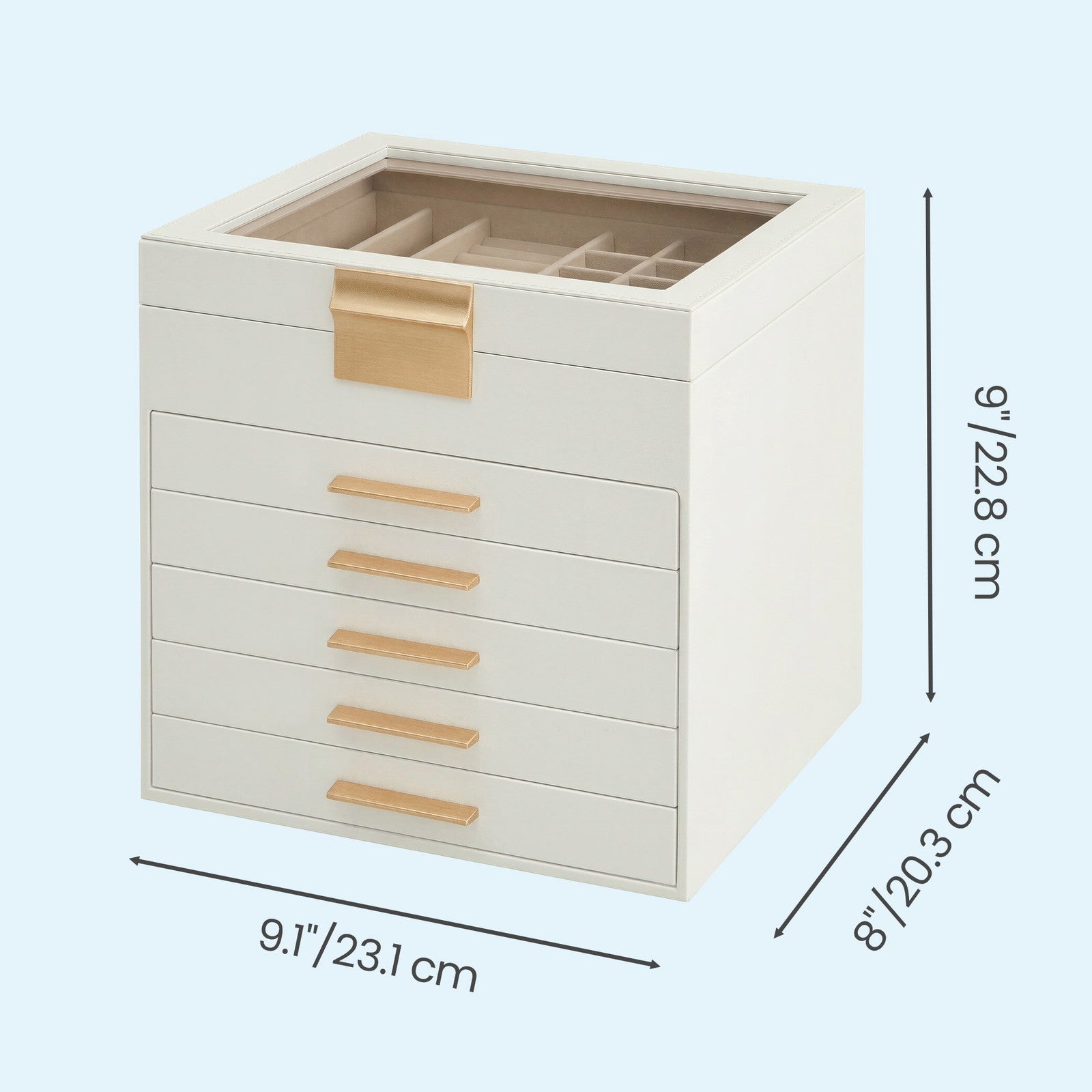 Jewellery Organiser - MDF and PU - White - with Glass Lid