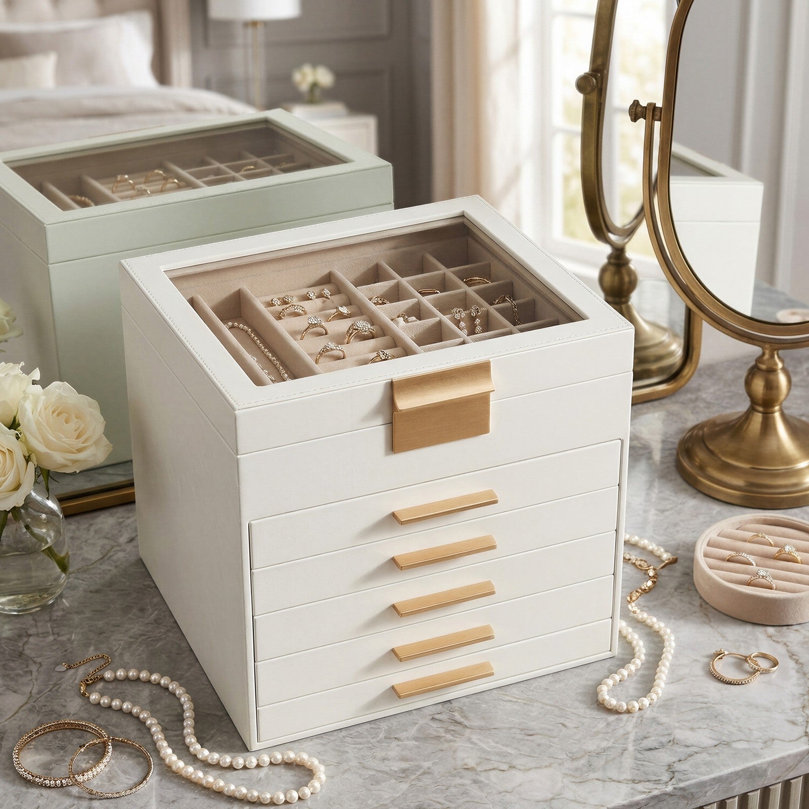 Jewellery Organiser - MDF and PU - White - with Glass Lid
