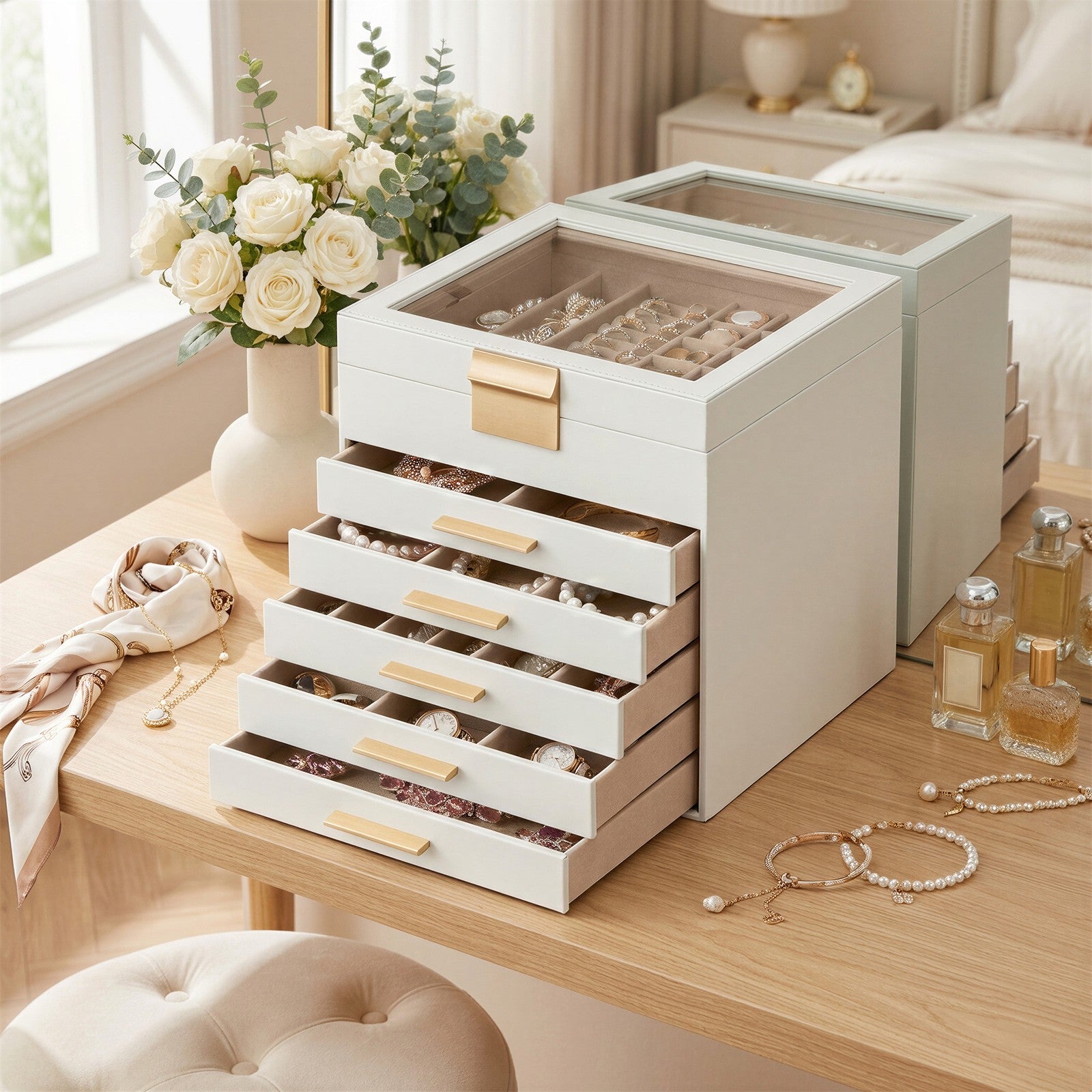 Jewellery Organiser - MDF and PU - White - with Glass Lid