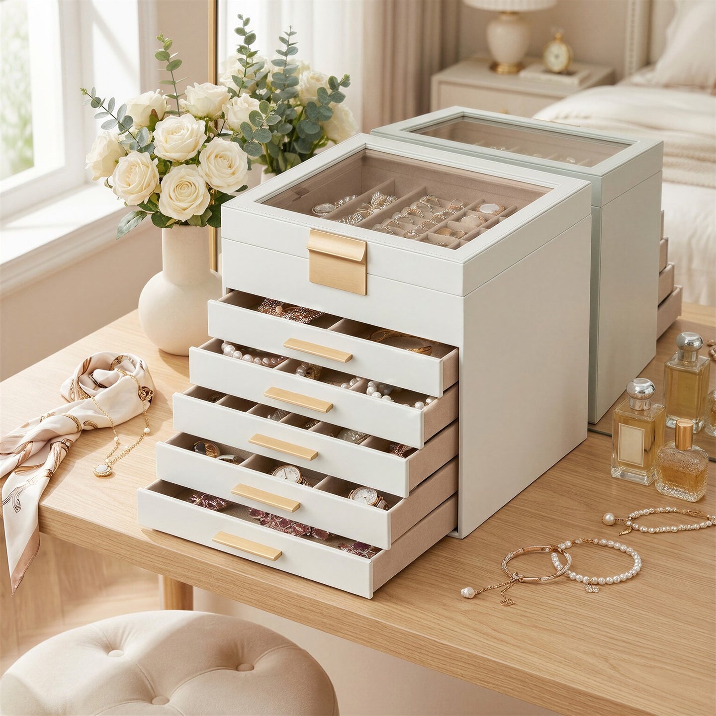 Jewellery Organiser - MDF and PU - White - with Glass Lid