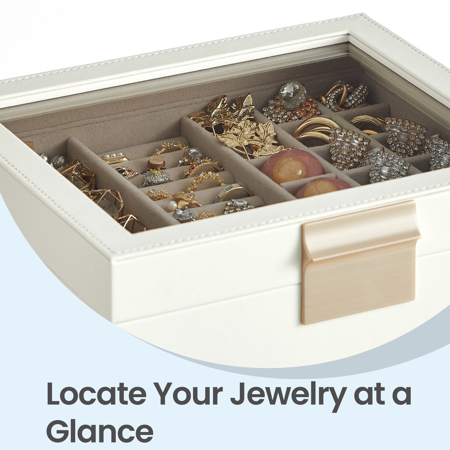 Jewellery Organiser - MDF and PU - White - with Glass Lid