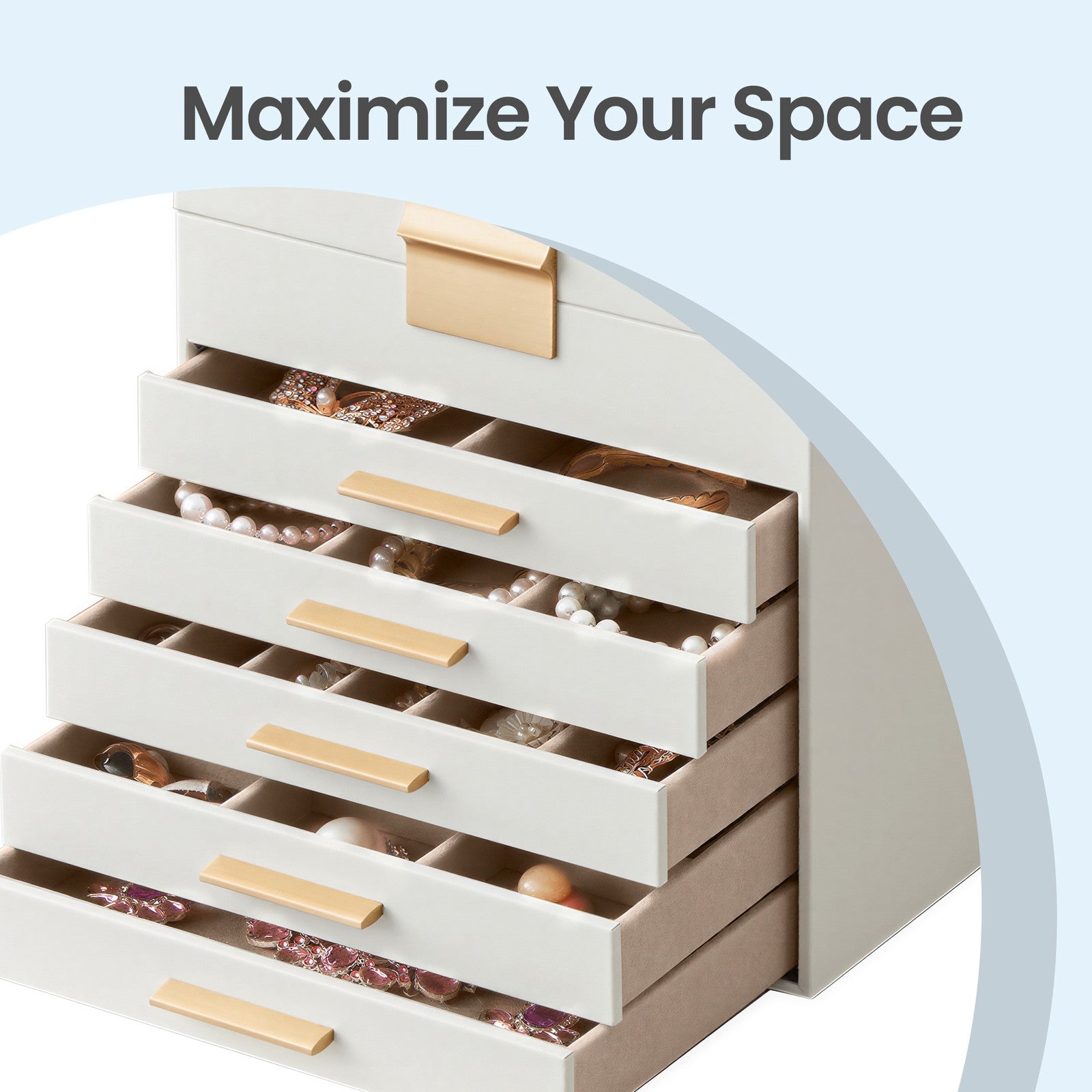 Jewellery Organiser - MDF and PU - White - with Glass Lid
