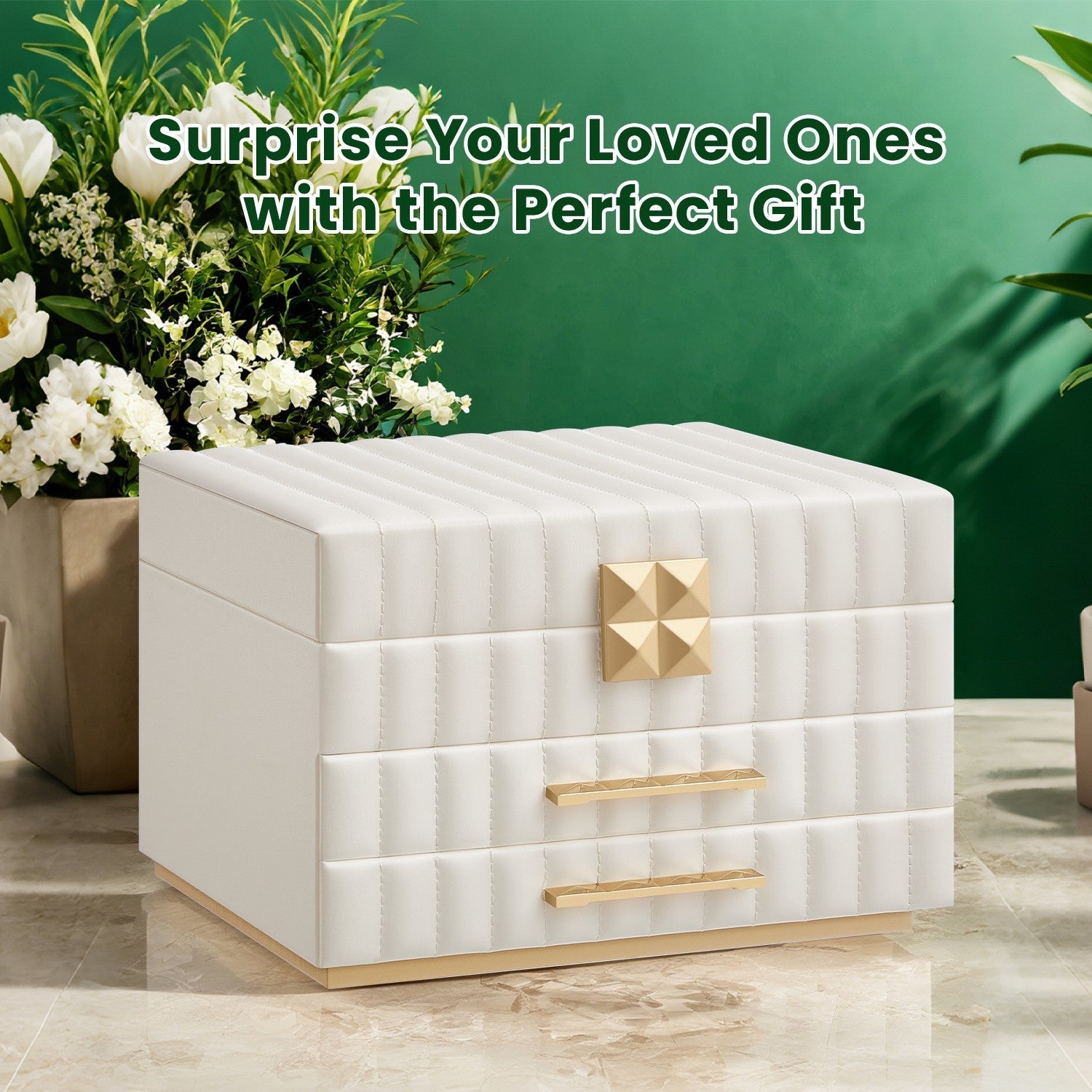 Jewellery Box - PU - Cloud White - 3 Tiers with Mirror and 2 Drawers