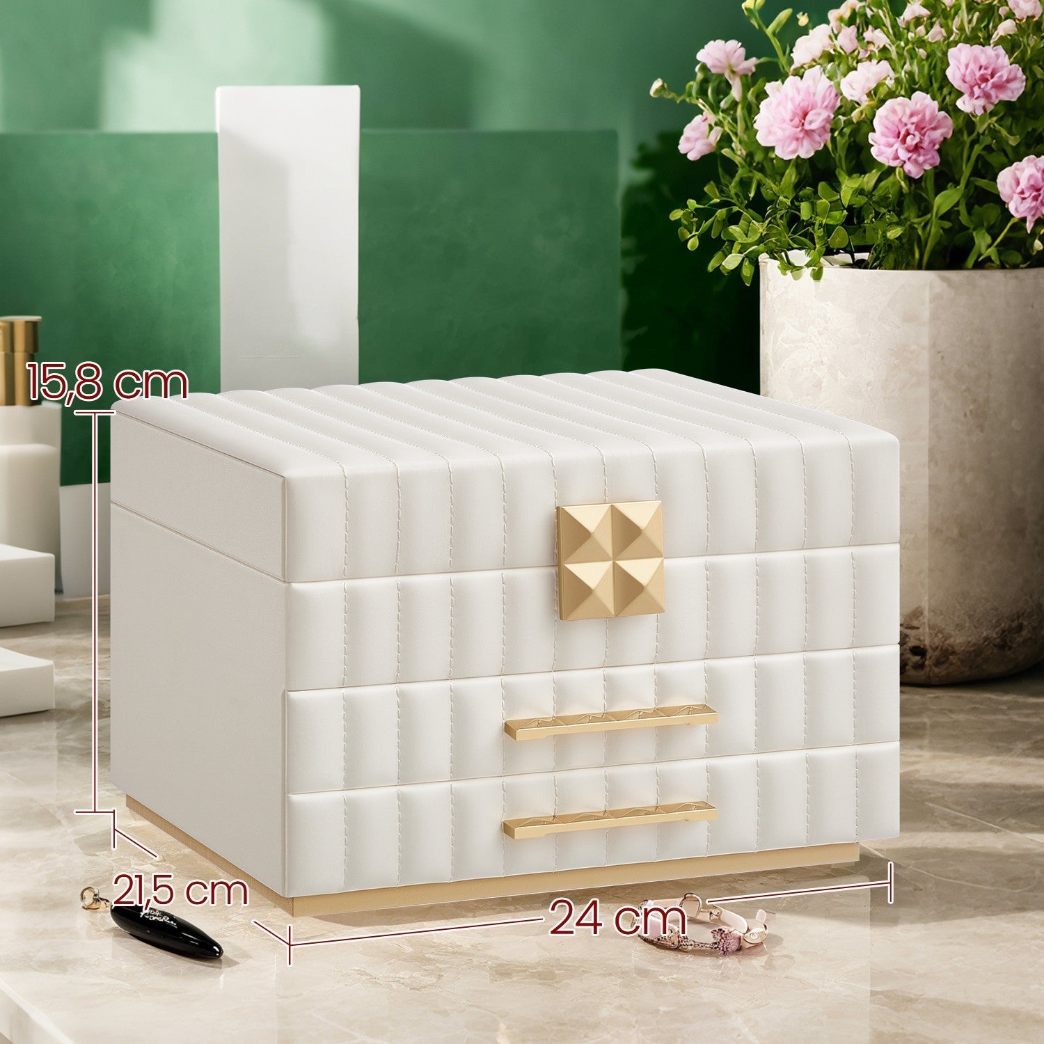 Jewellery Box - PU - Cloud White - 3 Tiers with Mirror and 2 Drawers