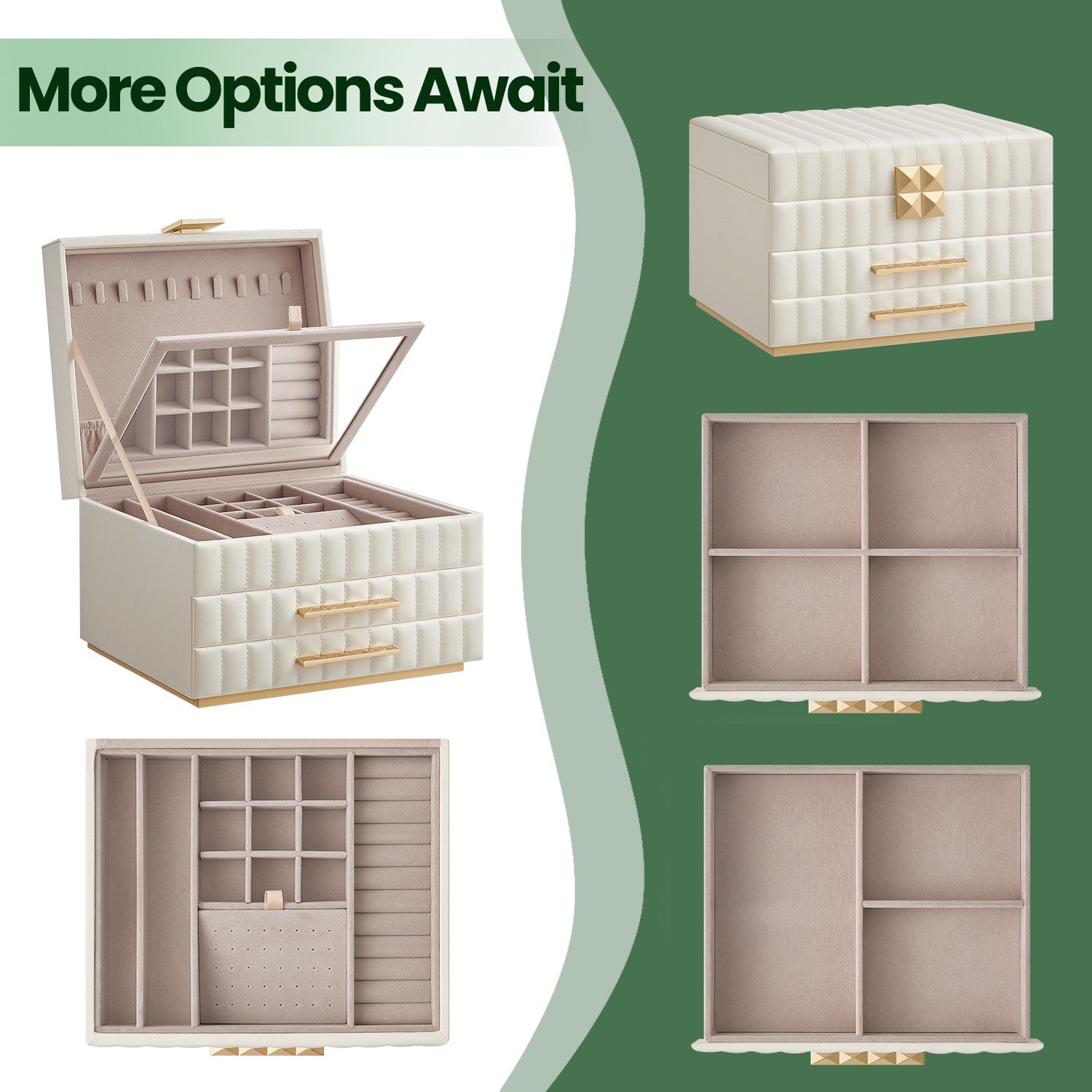 Jewellery Box - PU - Cloud White - 3 Tiers with Mirror and 2 Drawers