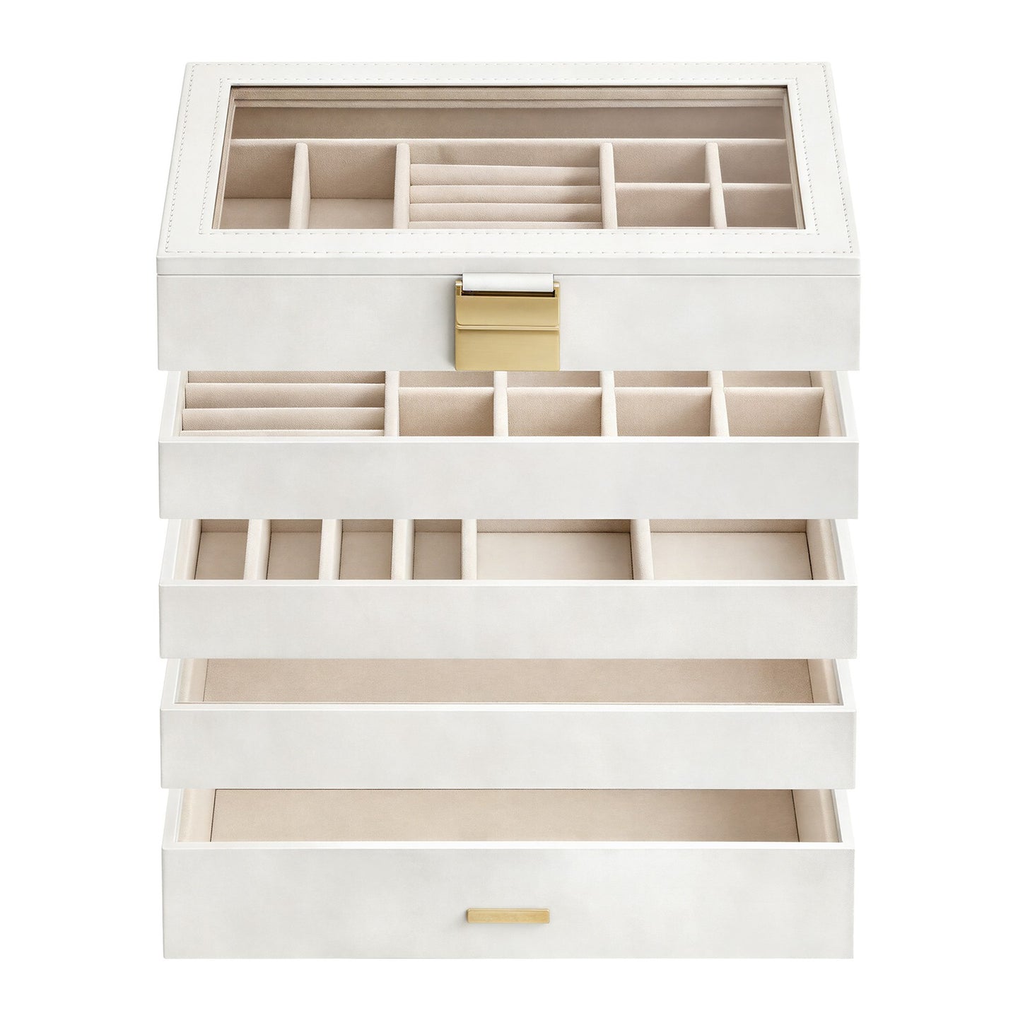 Jewellery Organiser Box - MDF and PU - White - with Glass Lid