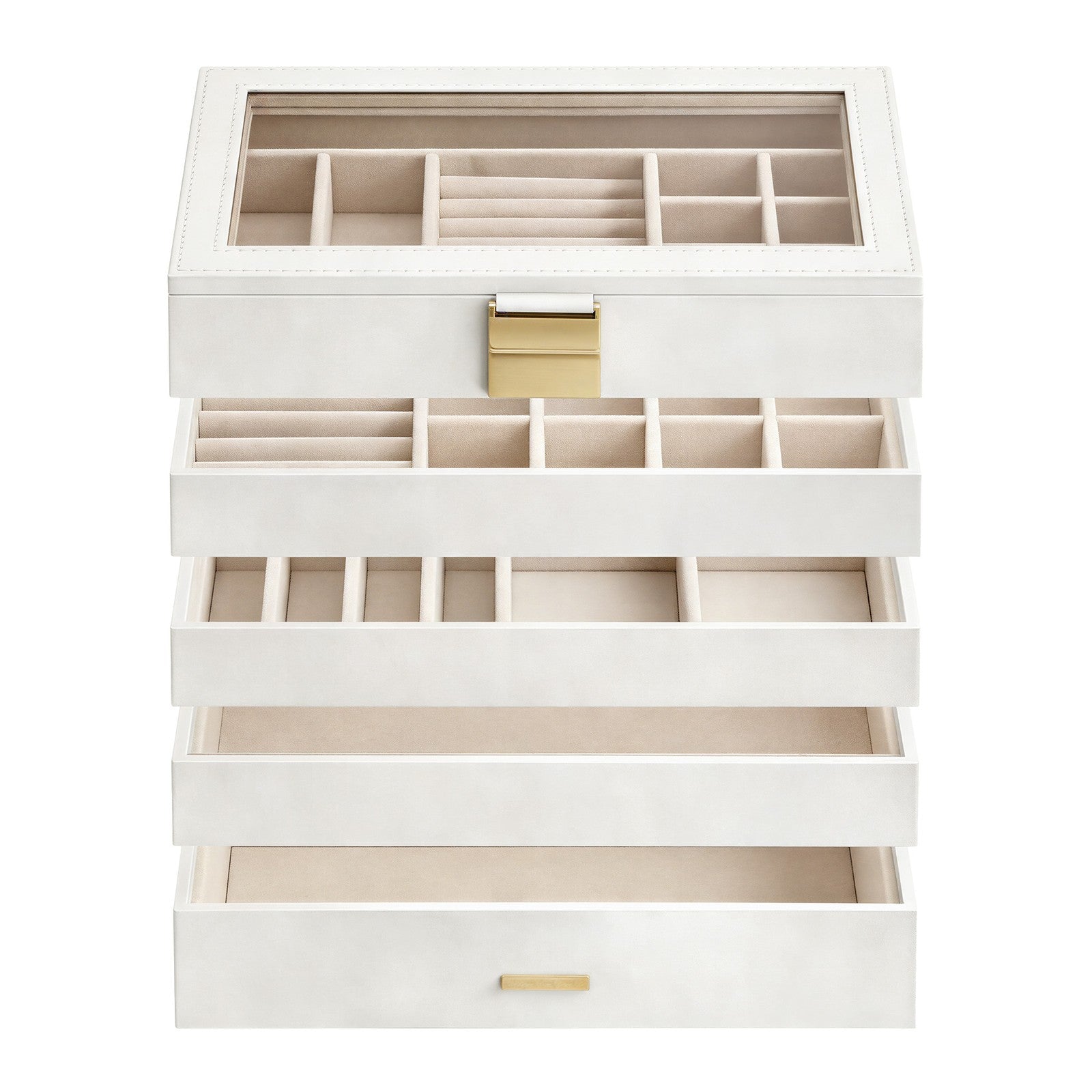 Jewellery Organiser Box - MDF and PU - White - with Glass Lid