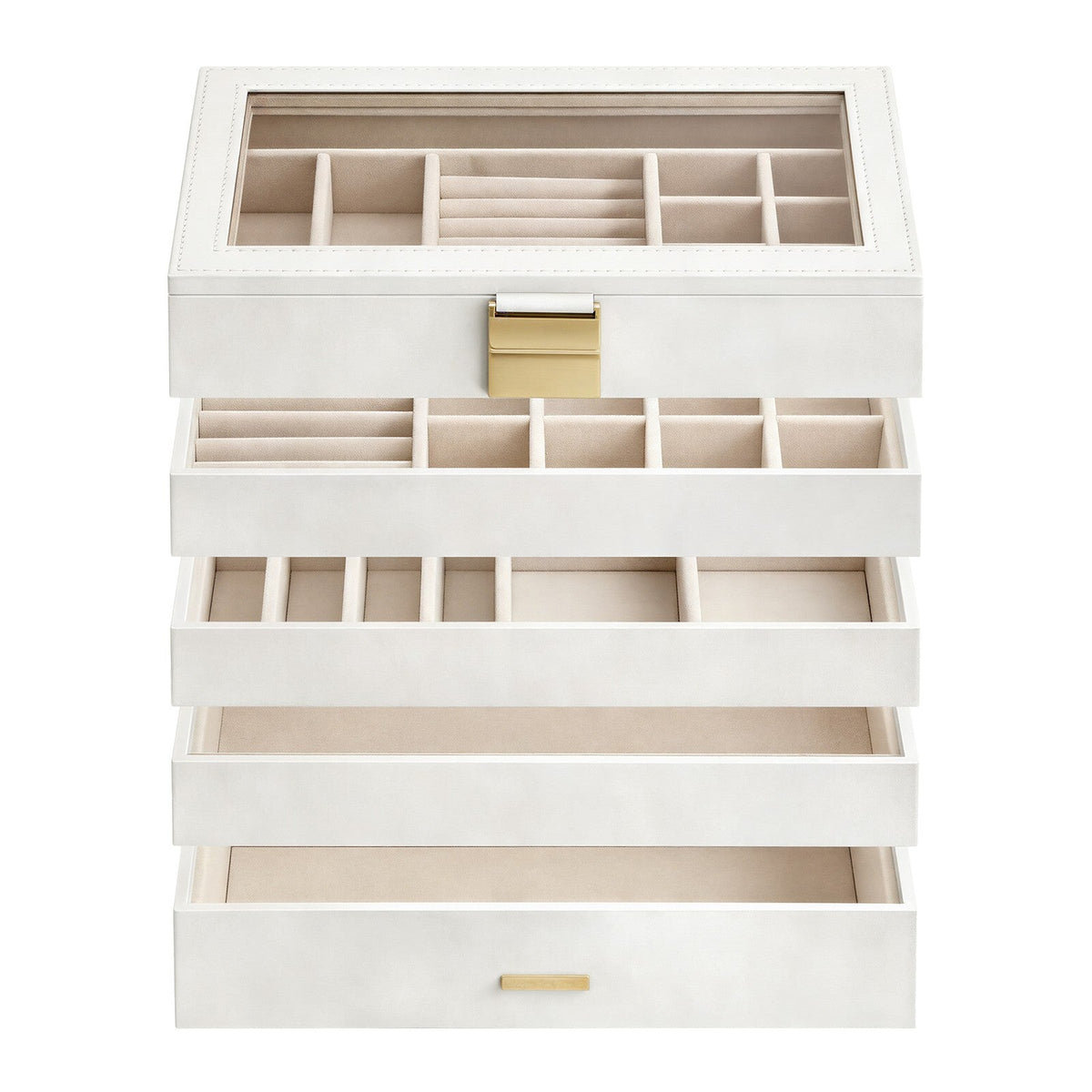 Jewellery Organiser Box - MDF and PU - White - with Glass Lid