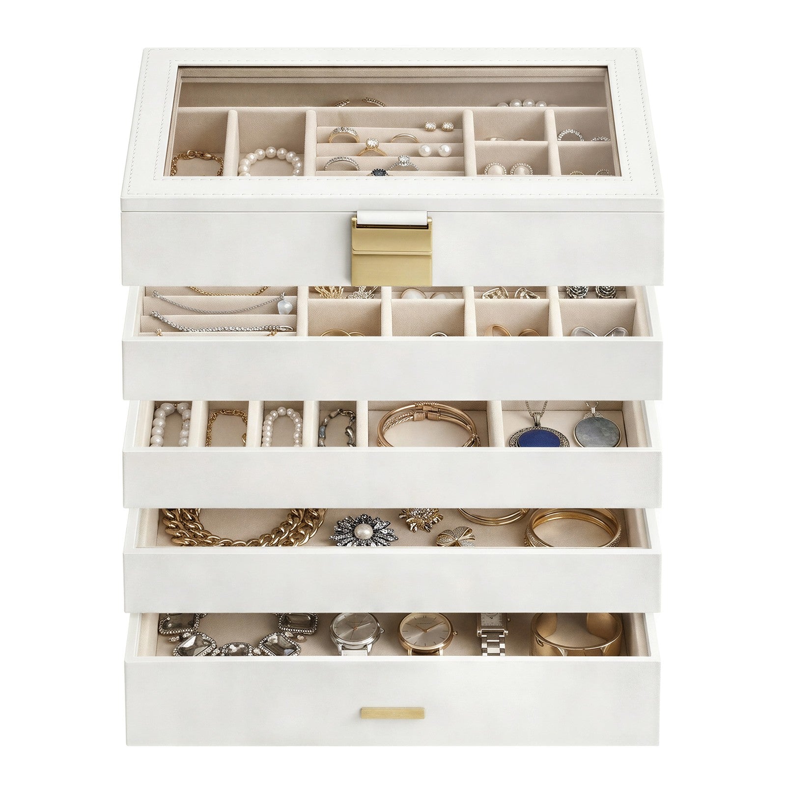 Jewellery Organiser Box - MDF and PU - White - with Glass Lid