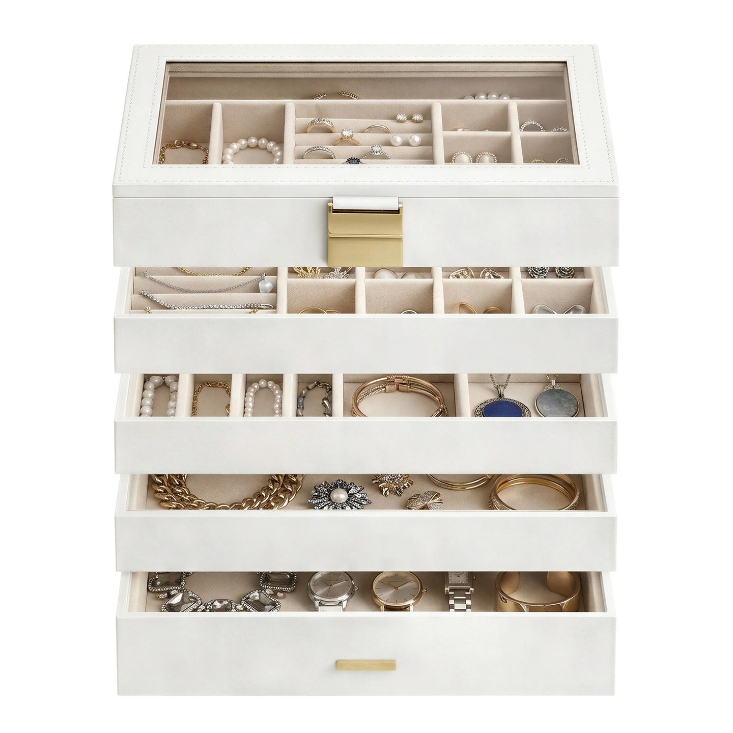 Jewellery Organiser Box - MDF and PU - White - with Glass Lid