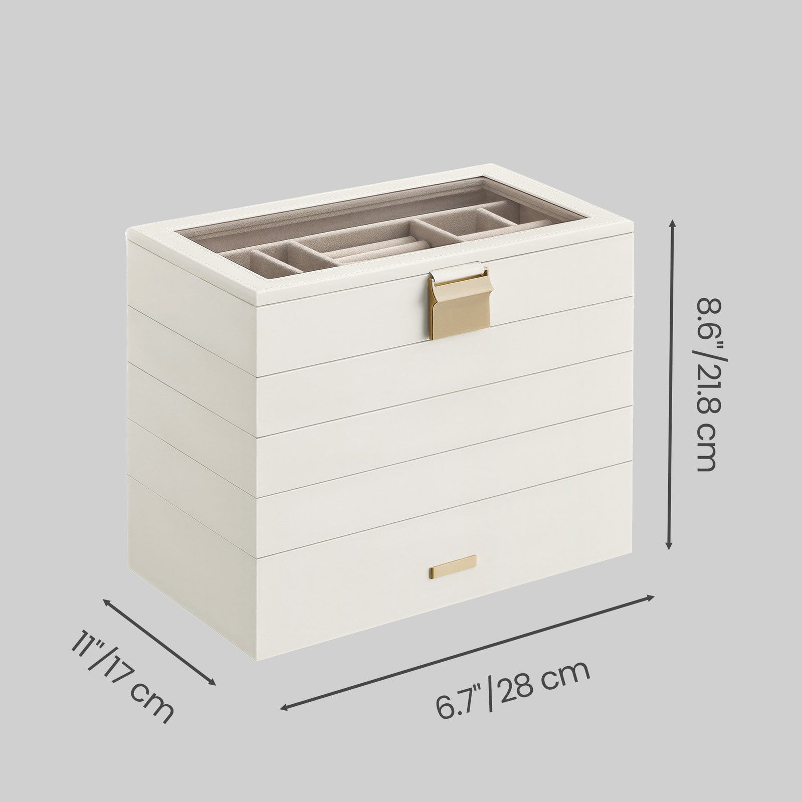Jewellery Organiser Box - MDF and PU - White - with Glass Lid