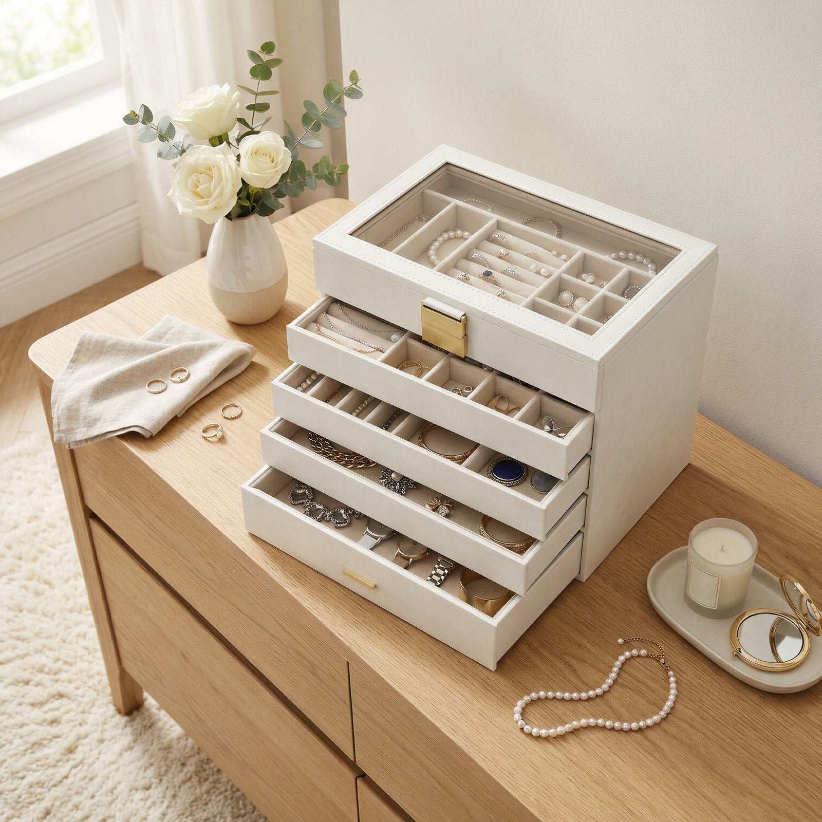 Jewellery Organiser Box - MDF and PU - White - with Glass Lid