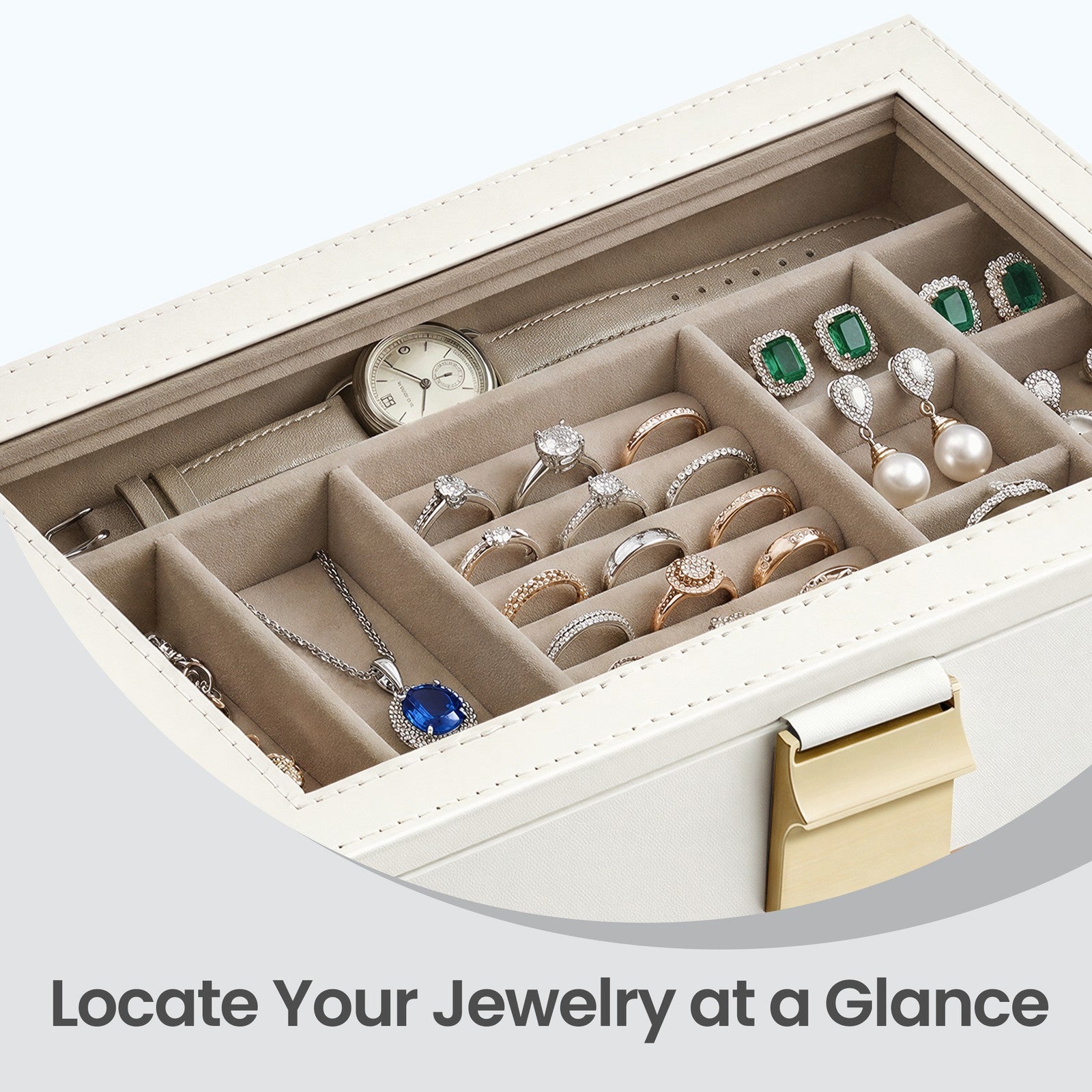 Jewellery Organiser Box - MDF and PU - White - with Glass Lid