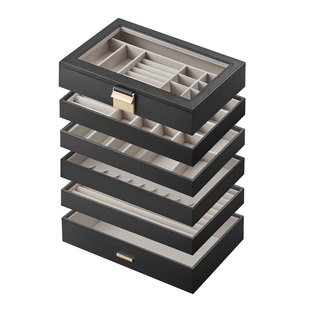 Jewellery Organiser Box - MDF and PU - Black - with Glass Lid