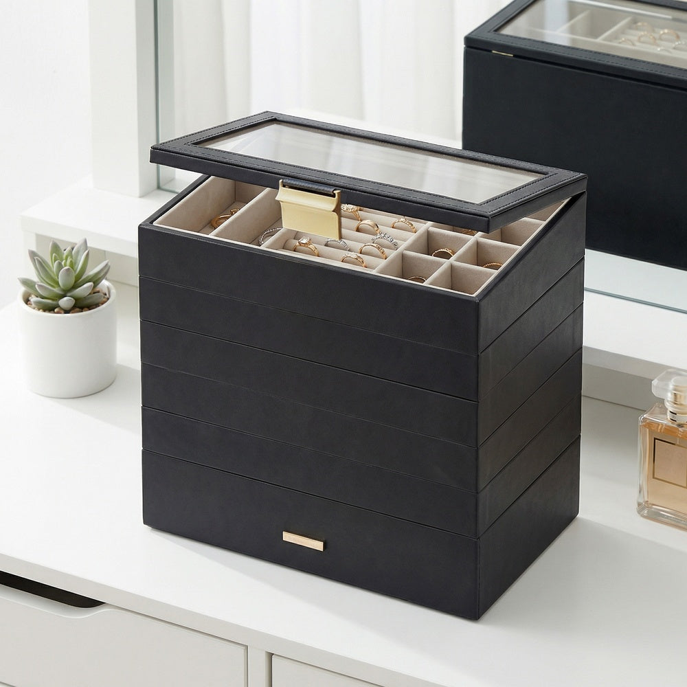 Jewellery Organiser Box - MDF and PU - Black - with Glass Lid