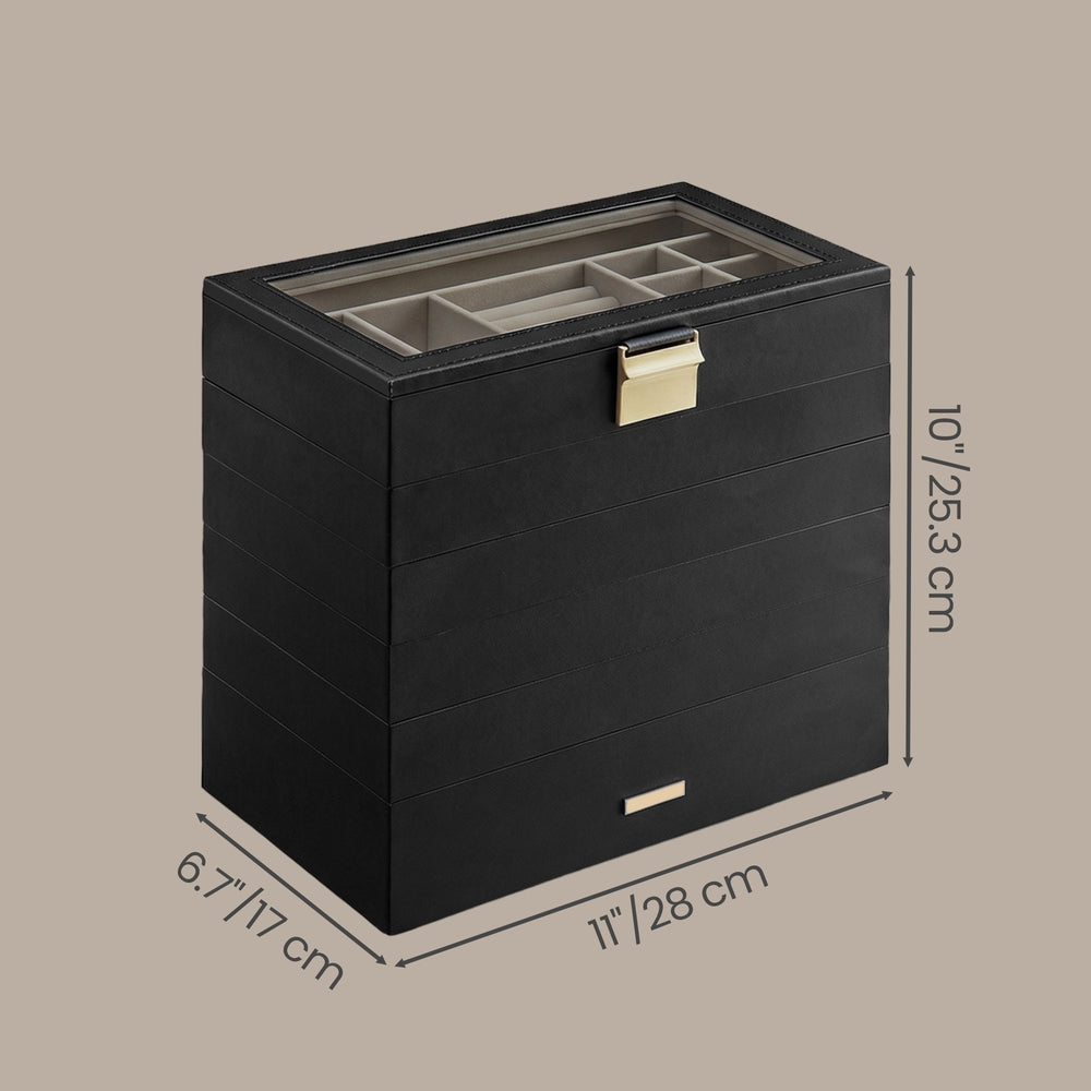 Jewellery Organiser Box - MDF and PU - with Glass Lid