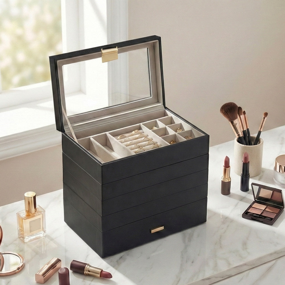 Jewellery Organiser Box - MDF and PU - with Glass Lid