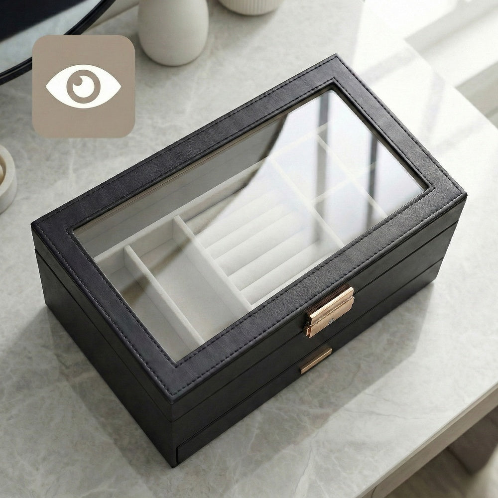Jewellery Organiser Box - MDF and PU - with Glass Lid