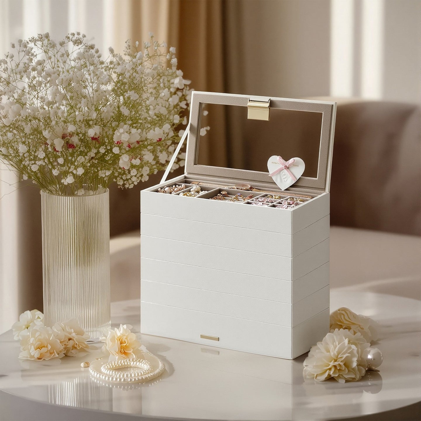 Jewellery Organiser Box - Wood - 6-Tier Stackable Design with Clear Lid - Large