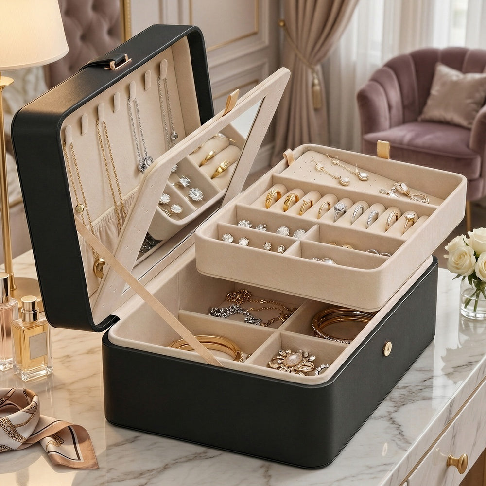 Jewellery Storage Case - 2L - MDF - Built-In Mirror