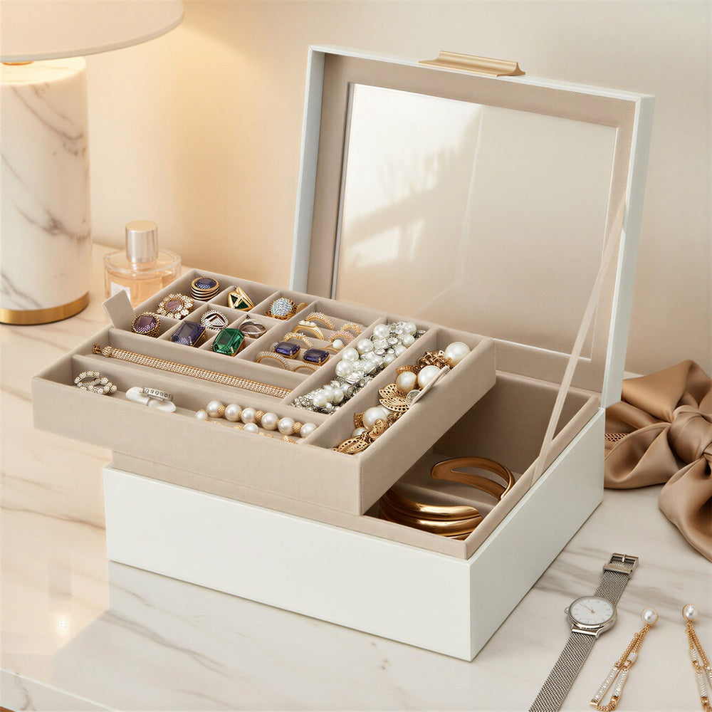 Jewellery Organiser - 2-Layer - MDF - Glass Lid