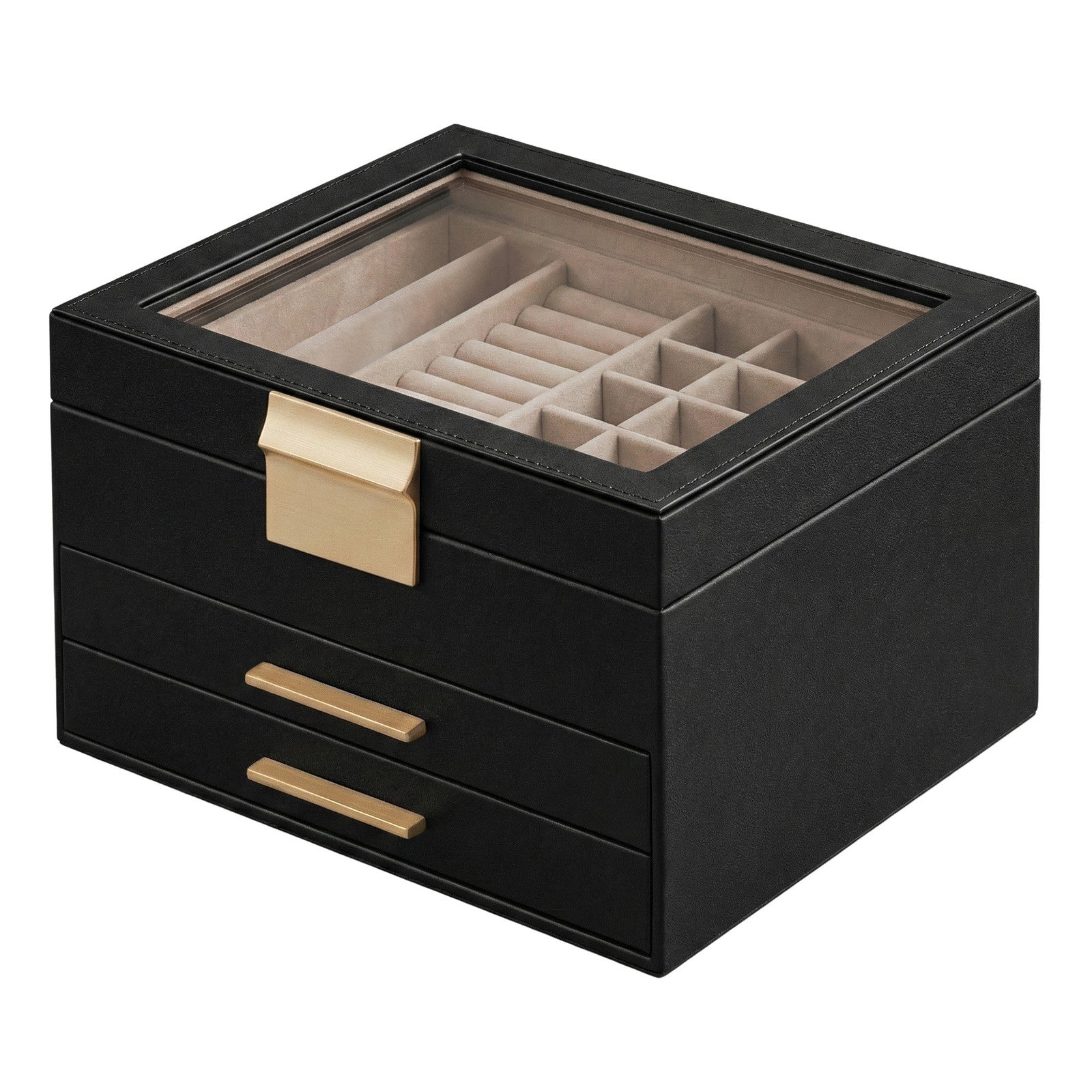 Jewellery Box - MDF and PU - Black - with Glass Lid